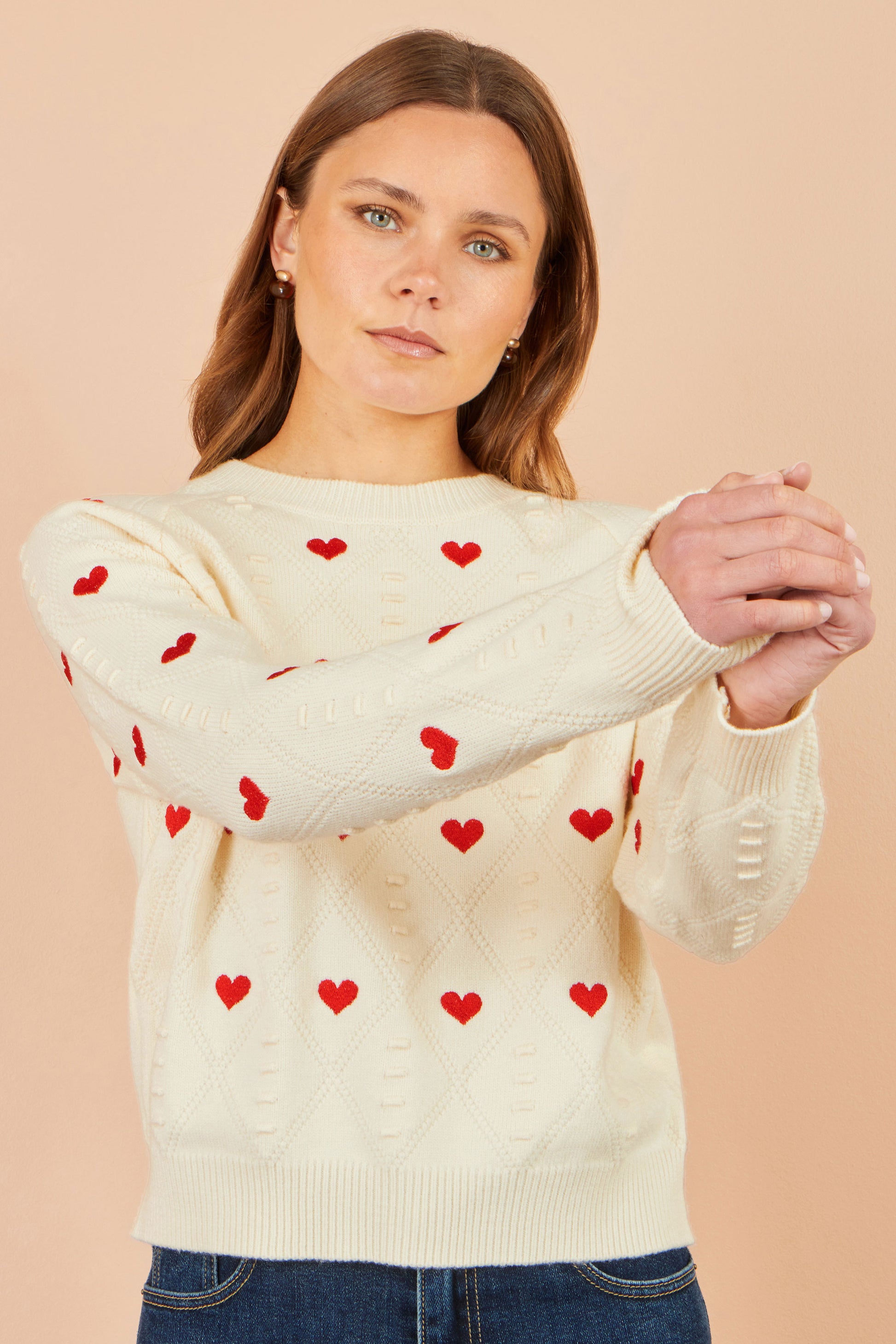 Yumi Ivory Embroidered Heart Jumper Knit Jumper Yumi