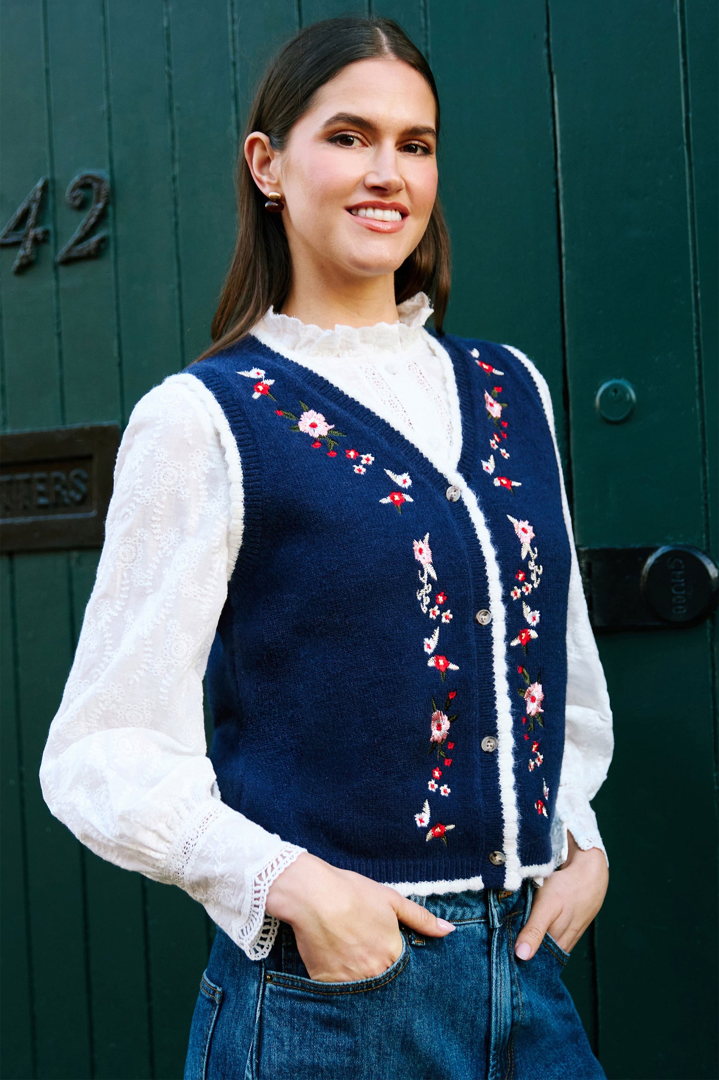 Yumi Navy Embroidered Knitted Waistcoat Knit Pullover Yumi