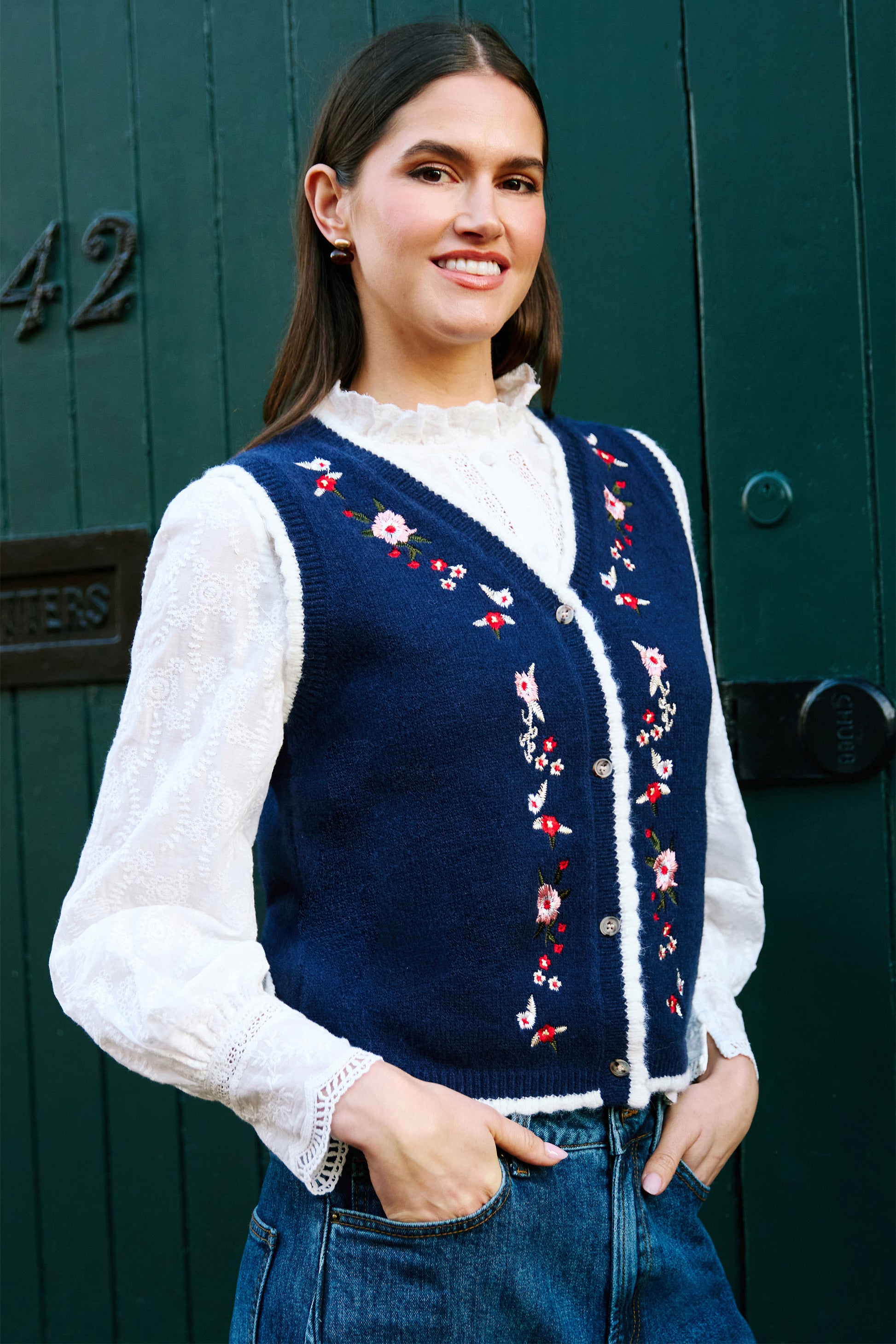Yumi Navy Embroidered Knitted Waistcoat Knit Pullover Yumi