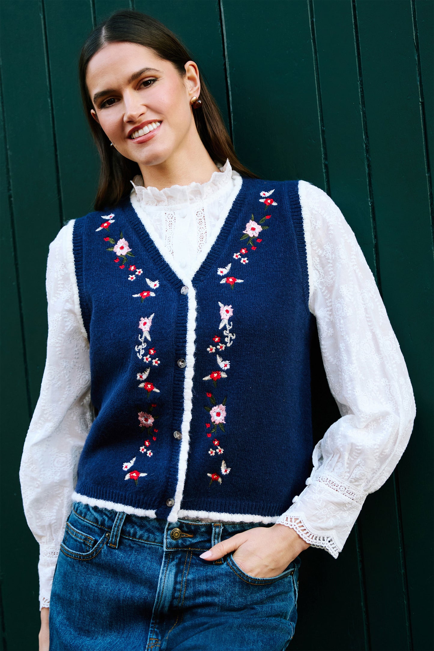 Yumi Navy Embroidered Knitted Waistcoat Knit Pullover Yumi