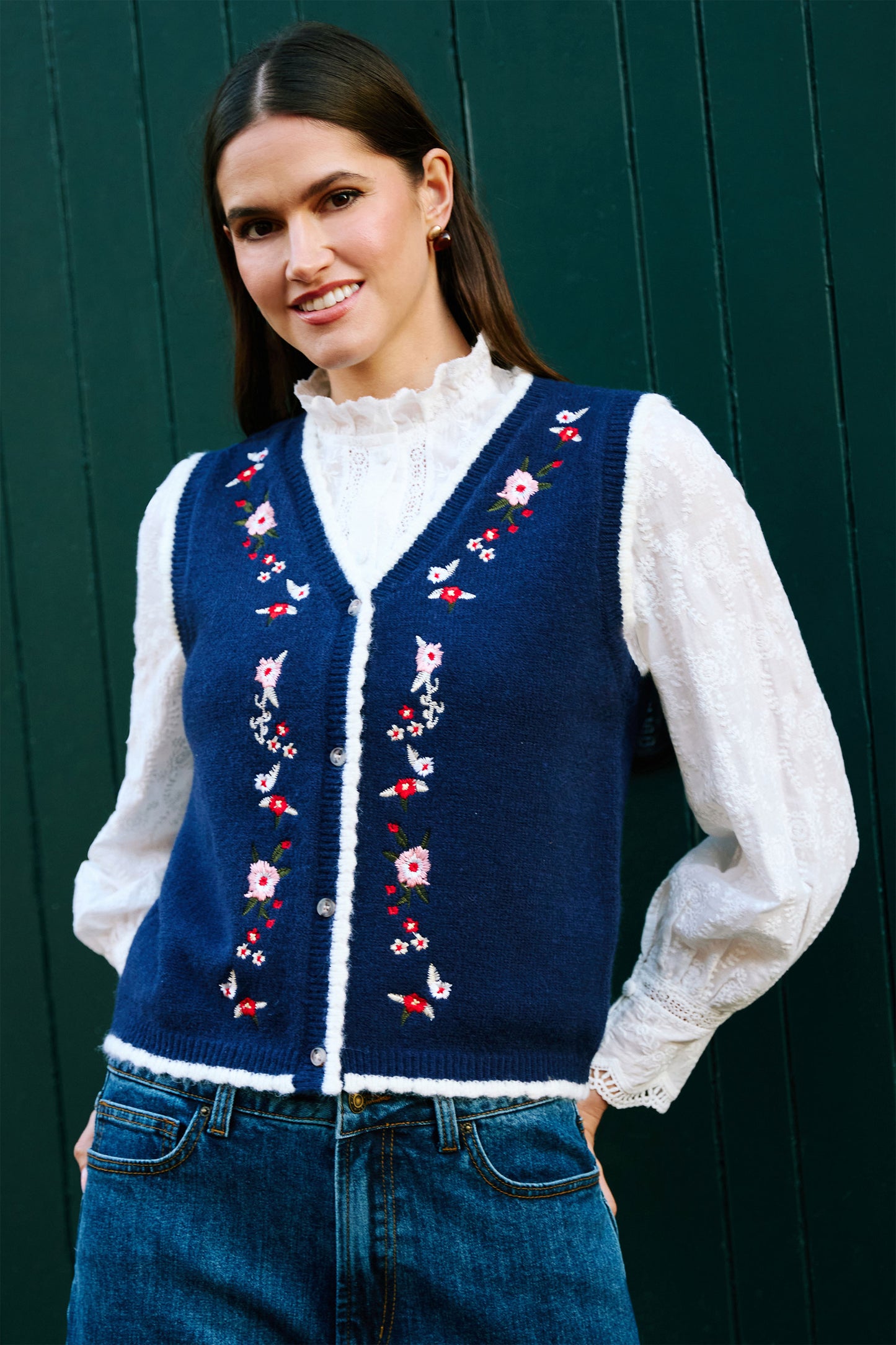 Yumi Navy Embroidered Knitted Waistcoat Knit Pullover Yumi