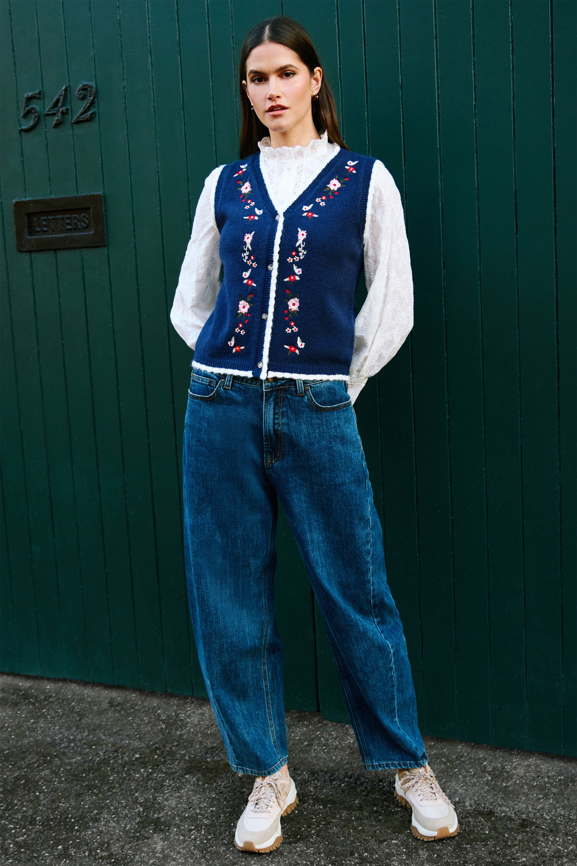 Yumi Navy Embroidered Knitted Waistcoat Knit Pullover Yumi