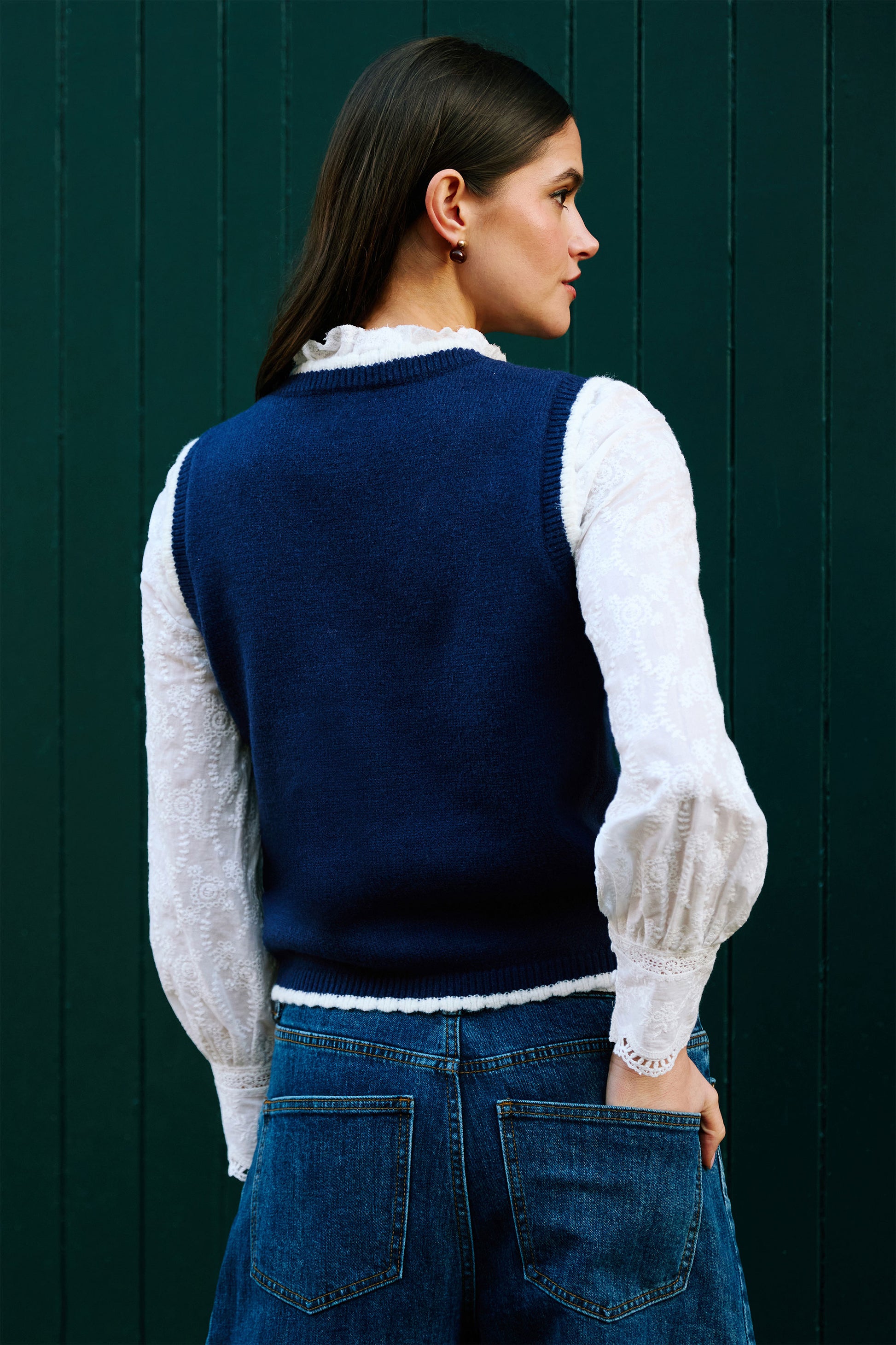 Yumi Navy Embroidered Knitted Waistcoat Knit Pullover Yumi