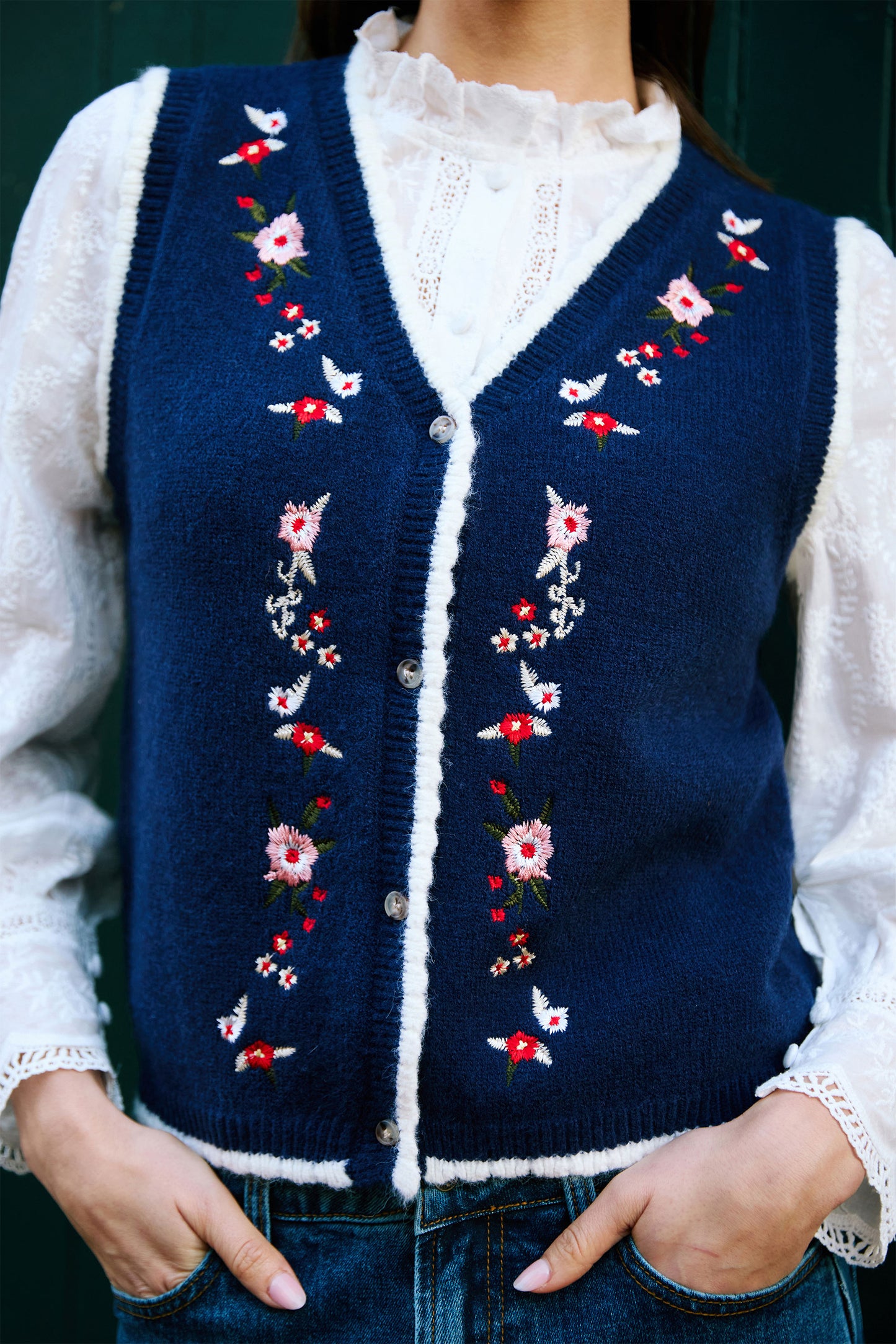 Yumi Navy Embroidered Knitted Waistcoat Knit Pullover Yumi