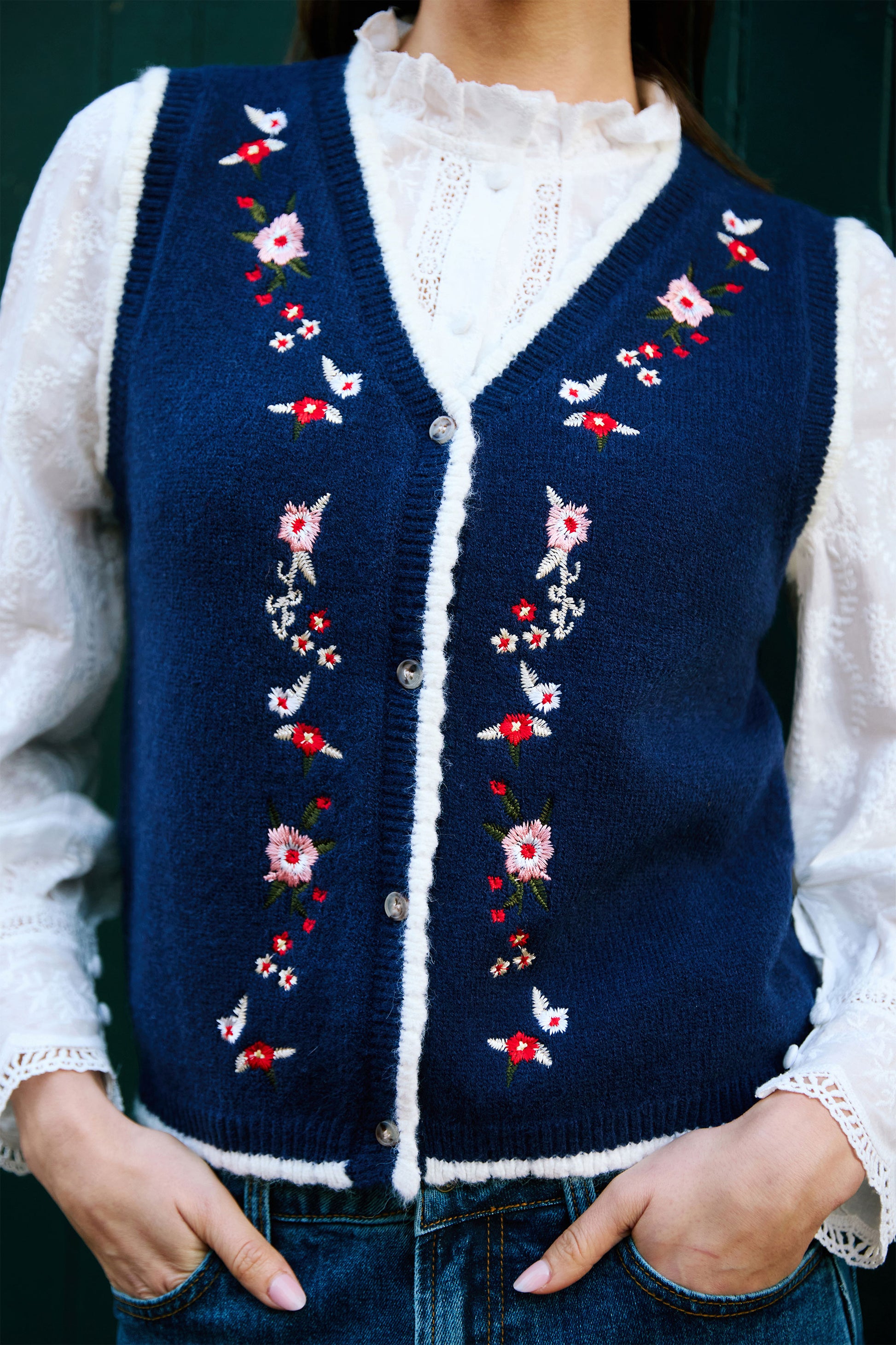 Yumi Navy Embroidered Knitted Waistcoat Knit Pullover Yumi