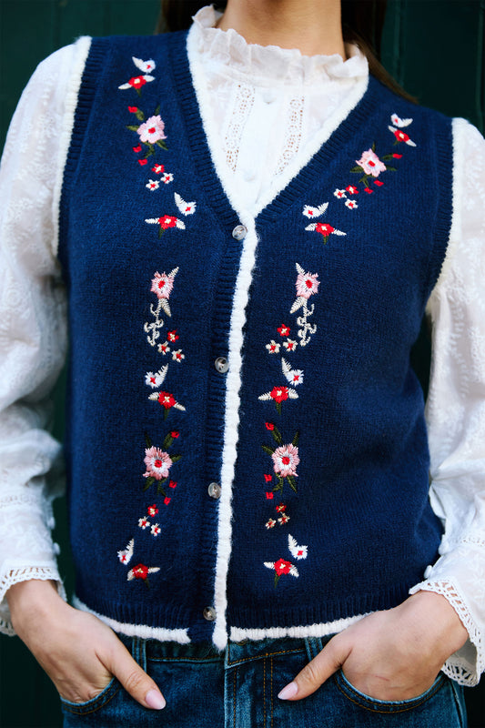 Yumi Navy Embroidered Knitted Waistcoat Knit Pullover Yumi