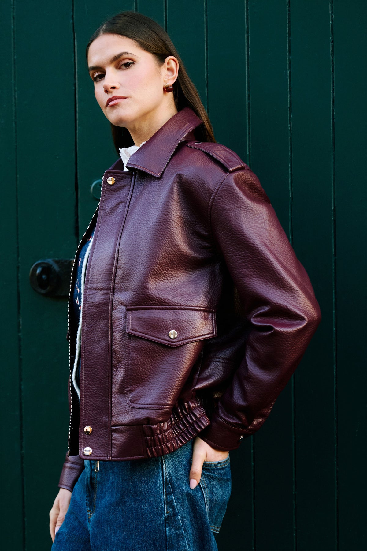 Yumi Burgundy Faux Leather Bomber Jacket Outerwear Yumi