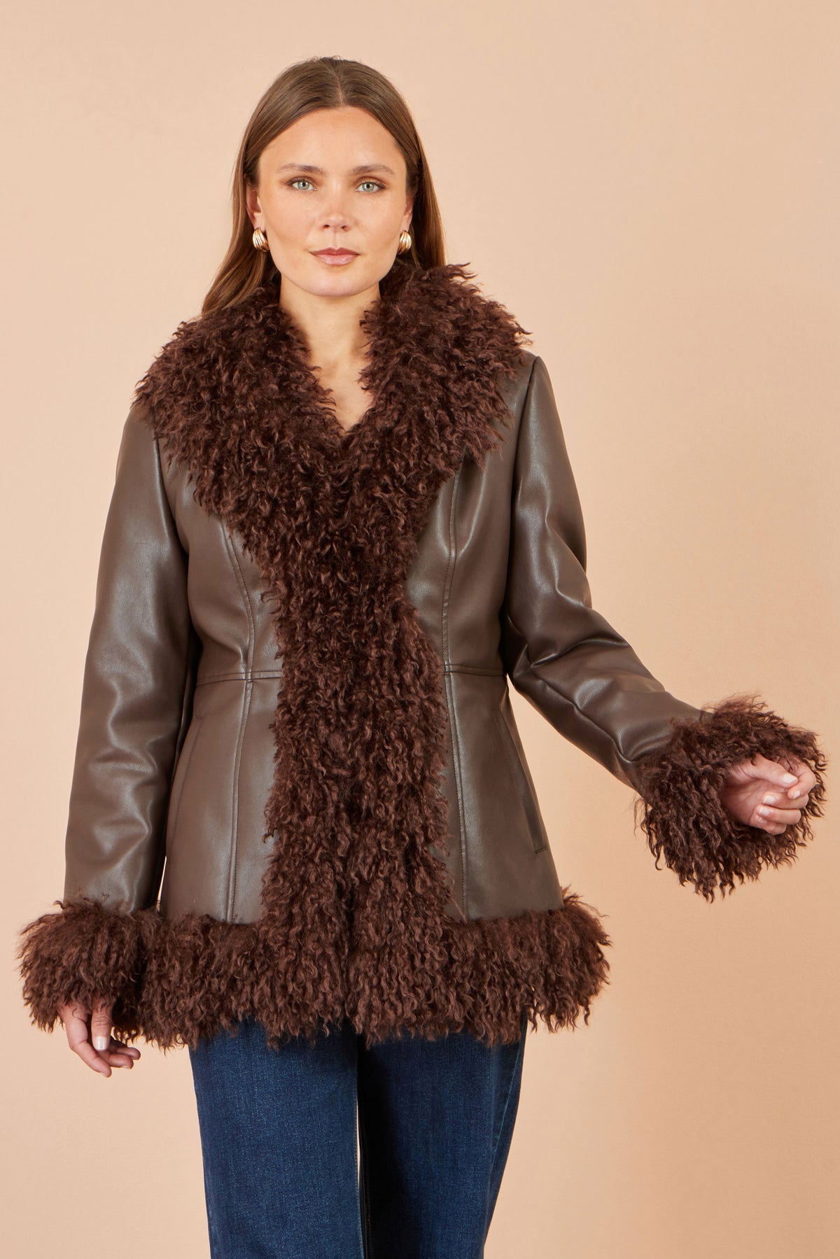 Yumi Brown Faux Leather Coat With Faux Fur Trims Outerwear Yumi