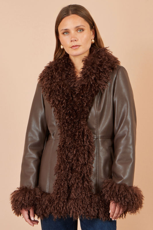 Yumi Brown Faux Leather Coat With Faux Fur Trims Outerwear Yumi