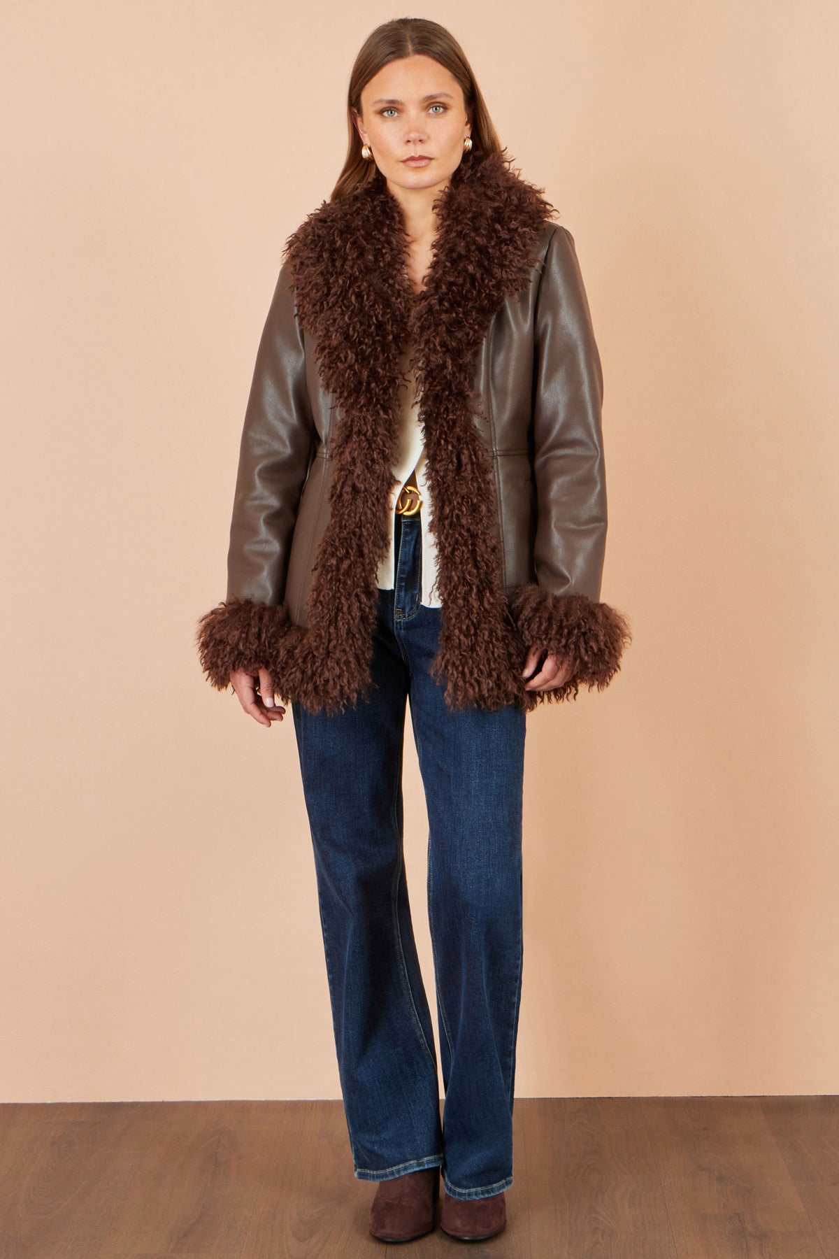 Yumi Brown Faux Leather Coat With Faux Fur Trims Outerwear Yumi