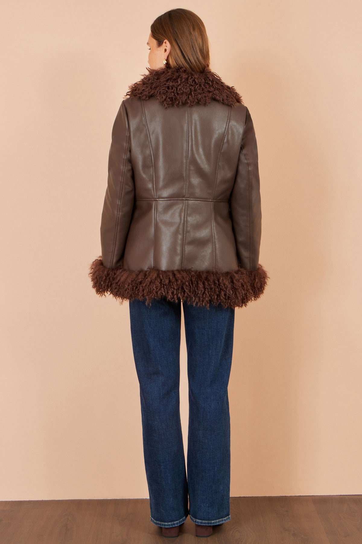 Yumi Brown Faux Leather Coat With Faux Fur Trims Outerwear Yumi