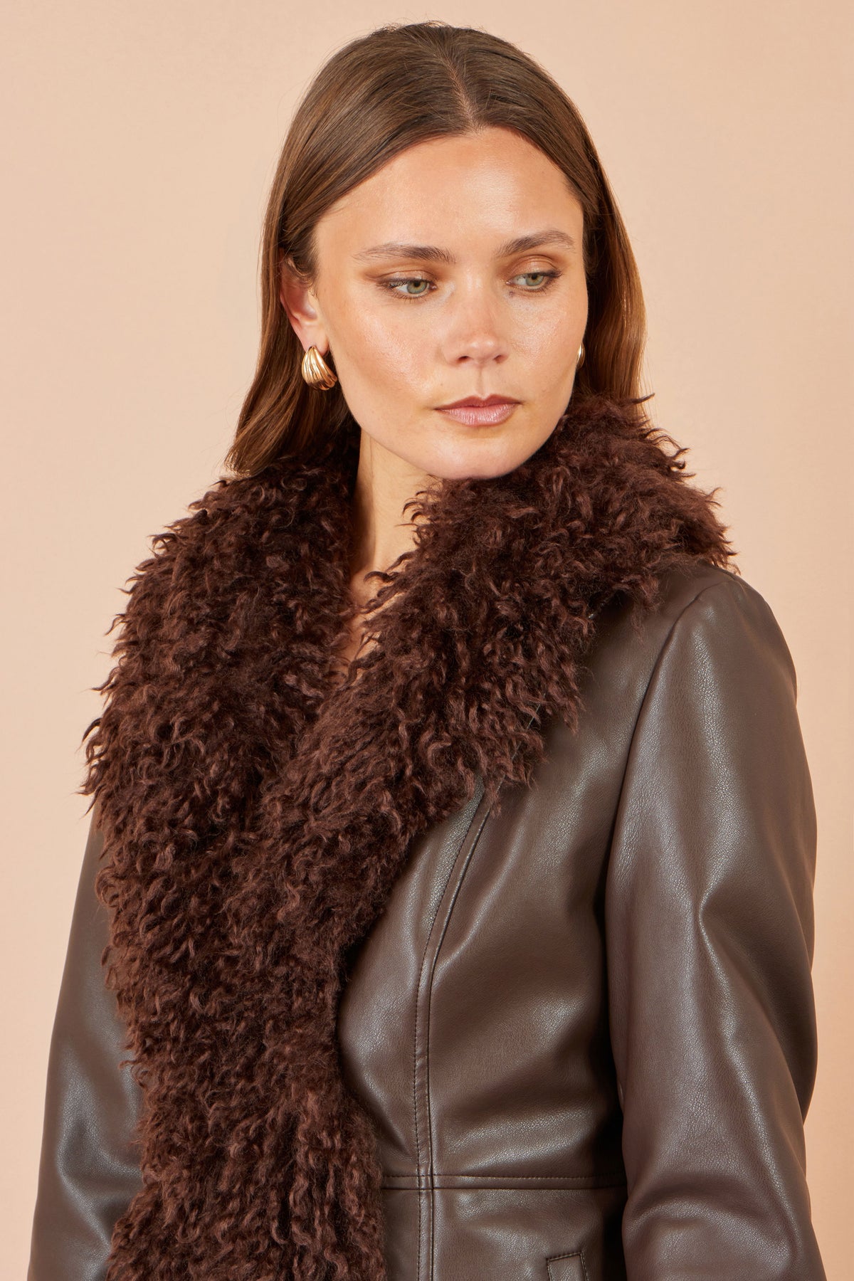 Yumi Brown Faux Leather Coat With Faux Fur Trims Outerwear Yumi