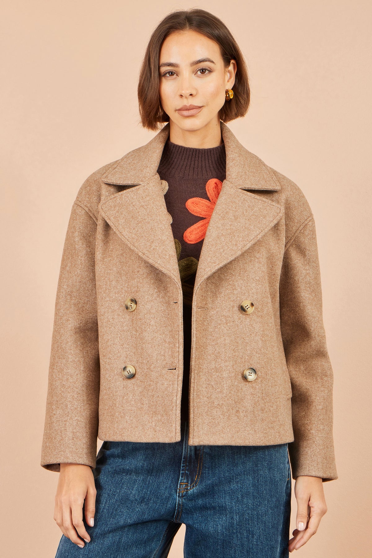 Yumi Beige Boxy Cropped Jacket Outerwear Yumi