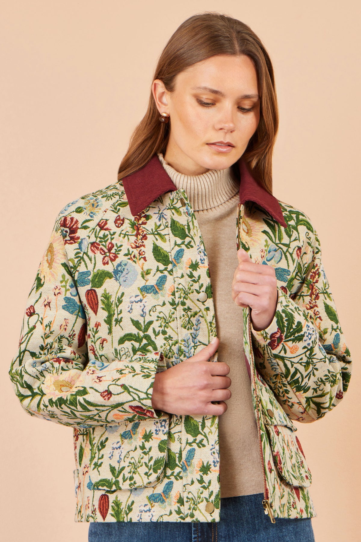 Yumi Ivory Botanical Woven Bomber Jacket Outerwear Yumi