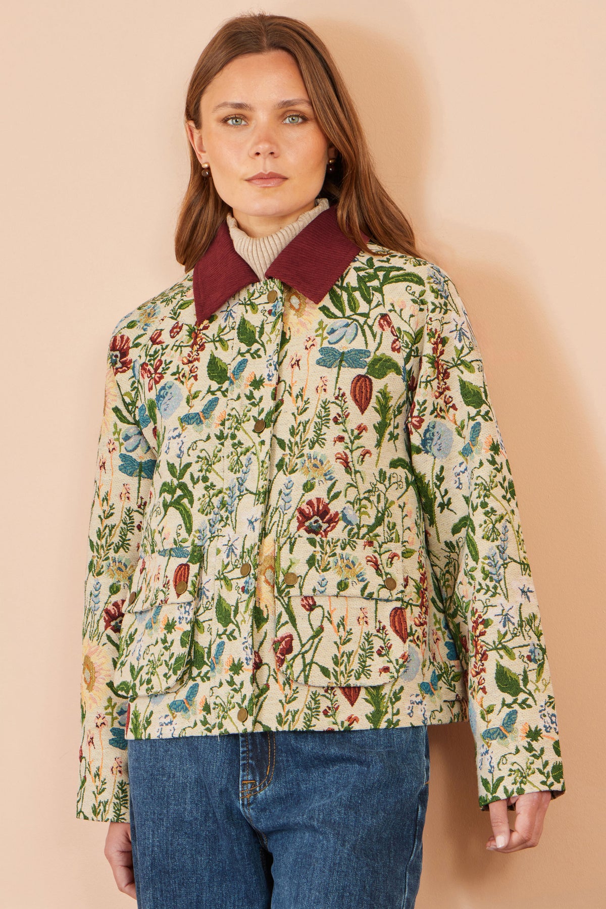 Yumi Ivory Botanical Woven Bomber Jacket Outerwear Yumi