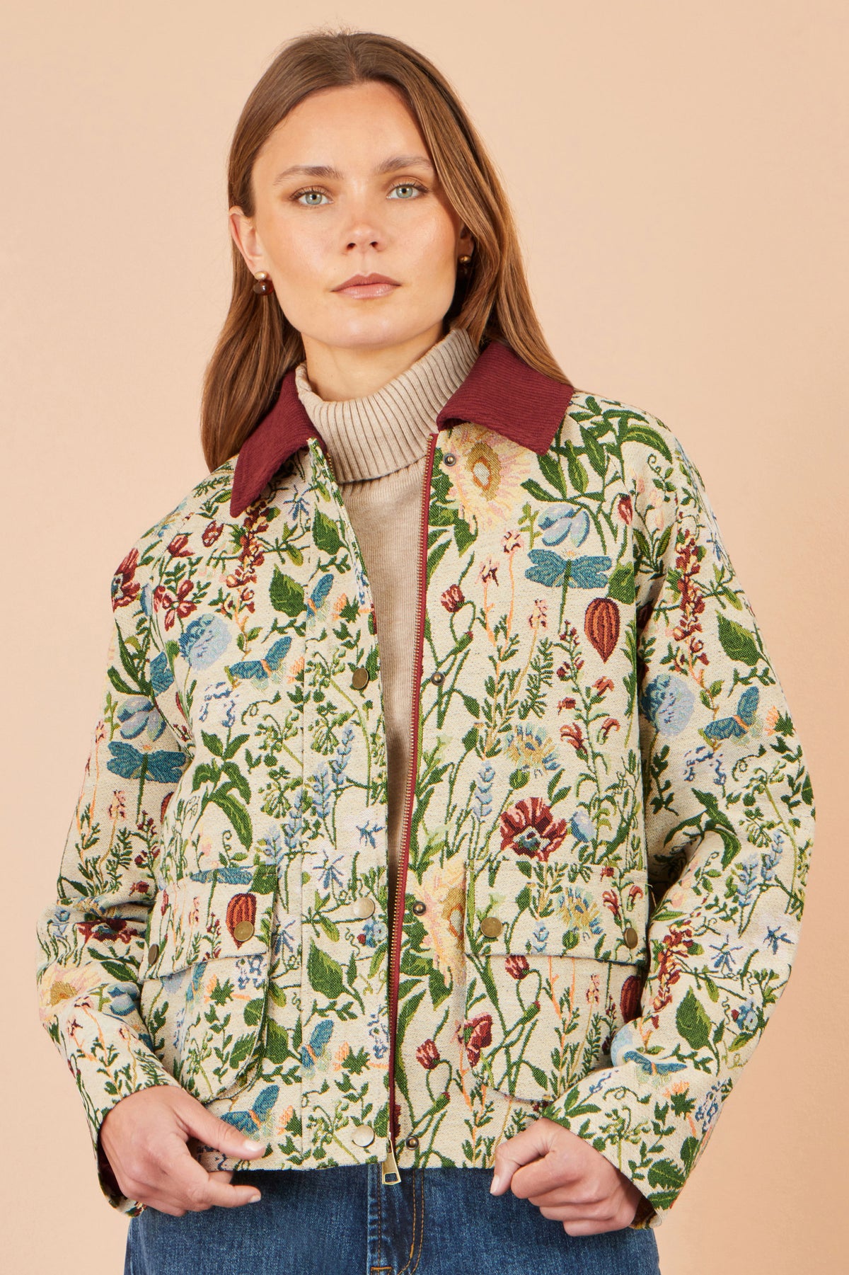 Yumi Ivory Botanical Woven Bomber Jacket Outerwear Yumi