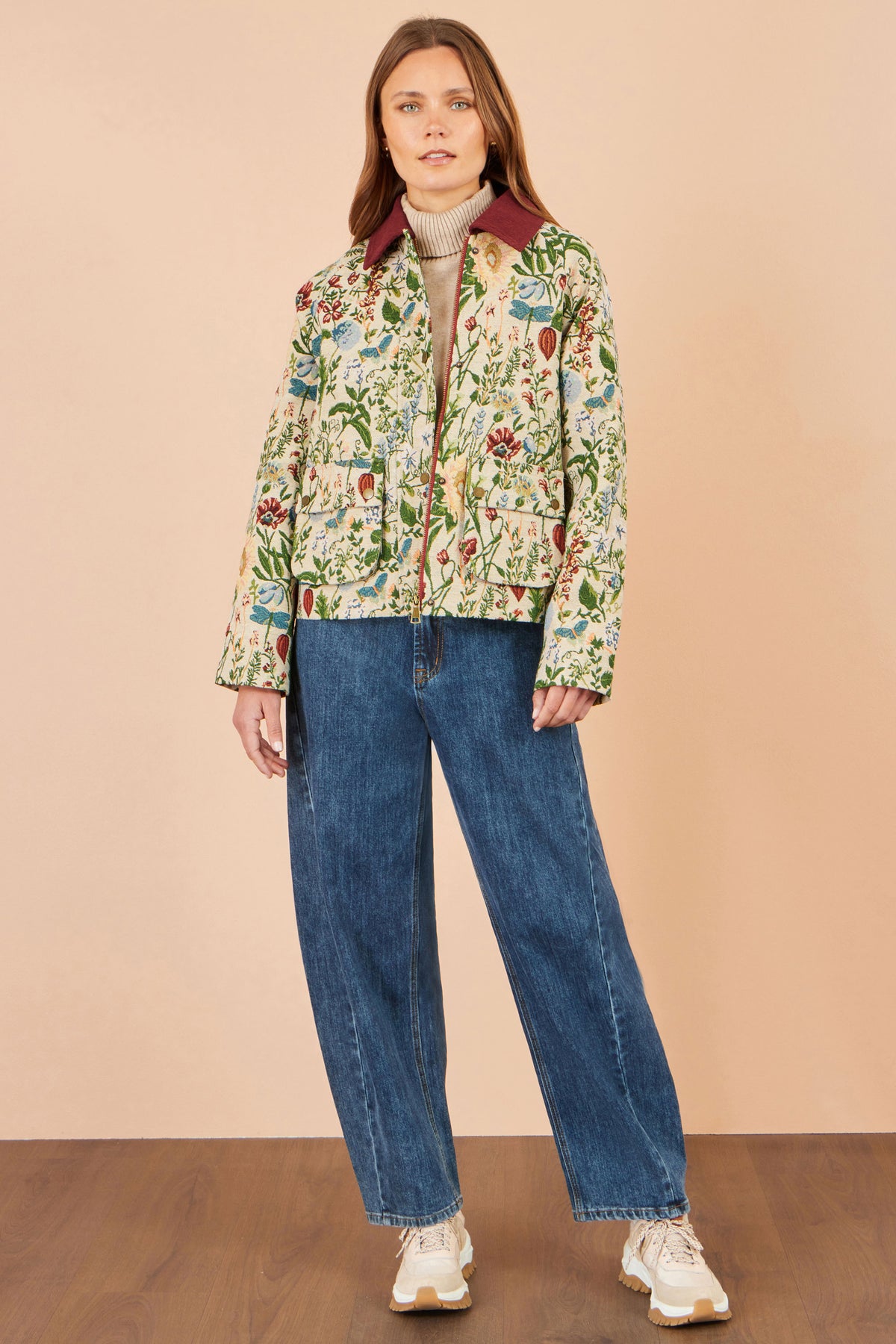 Yumi Ivory Botanical Woven Bomber Jacket Outerwear Yumi