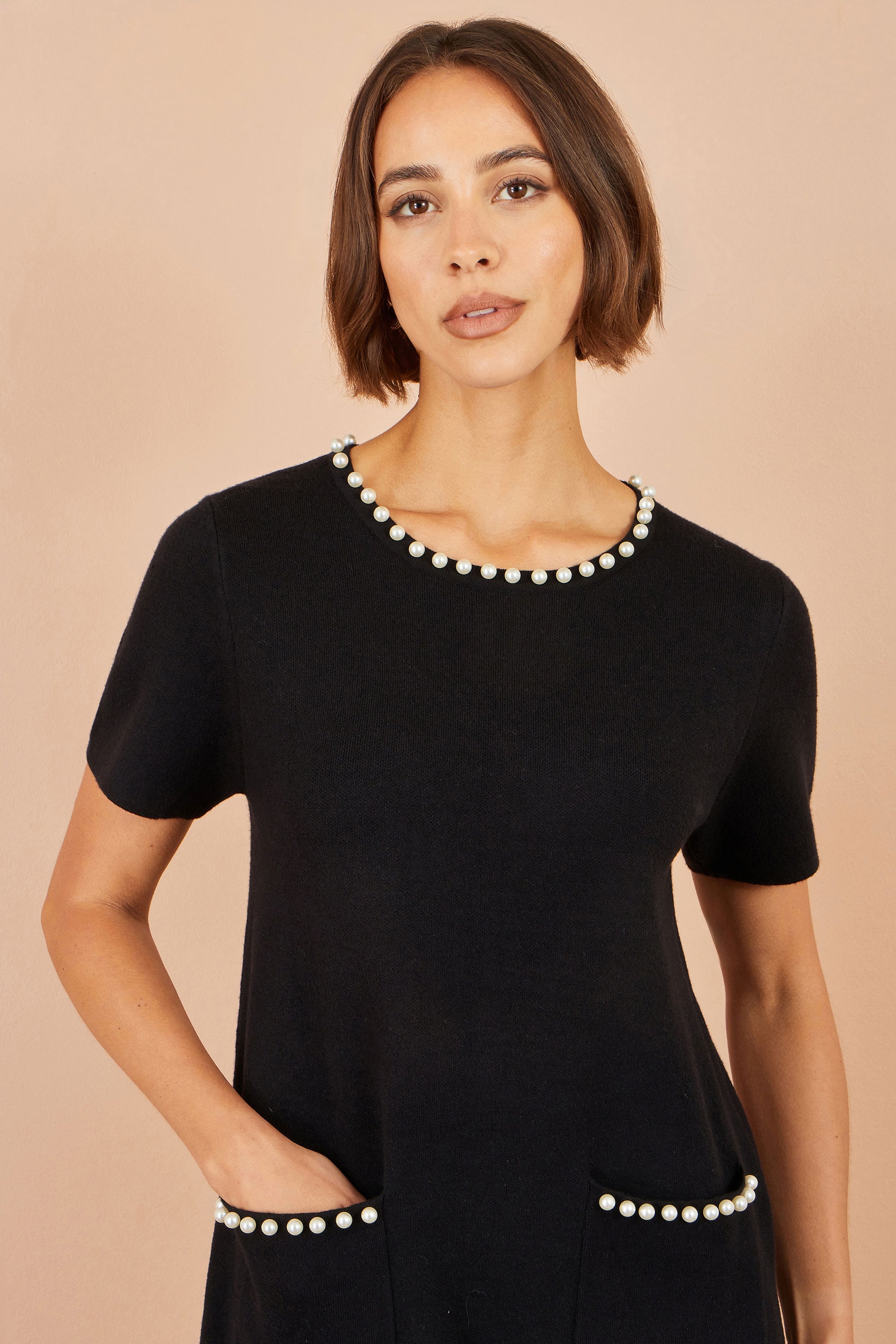 Yumi Black Pearl Detail Knitted Tunic Knit Dress Yumi