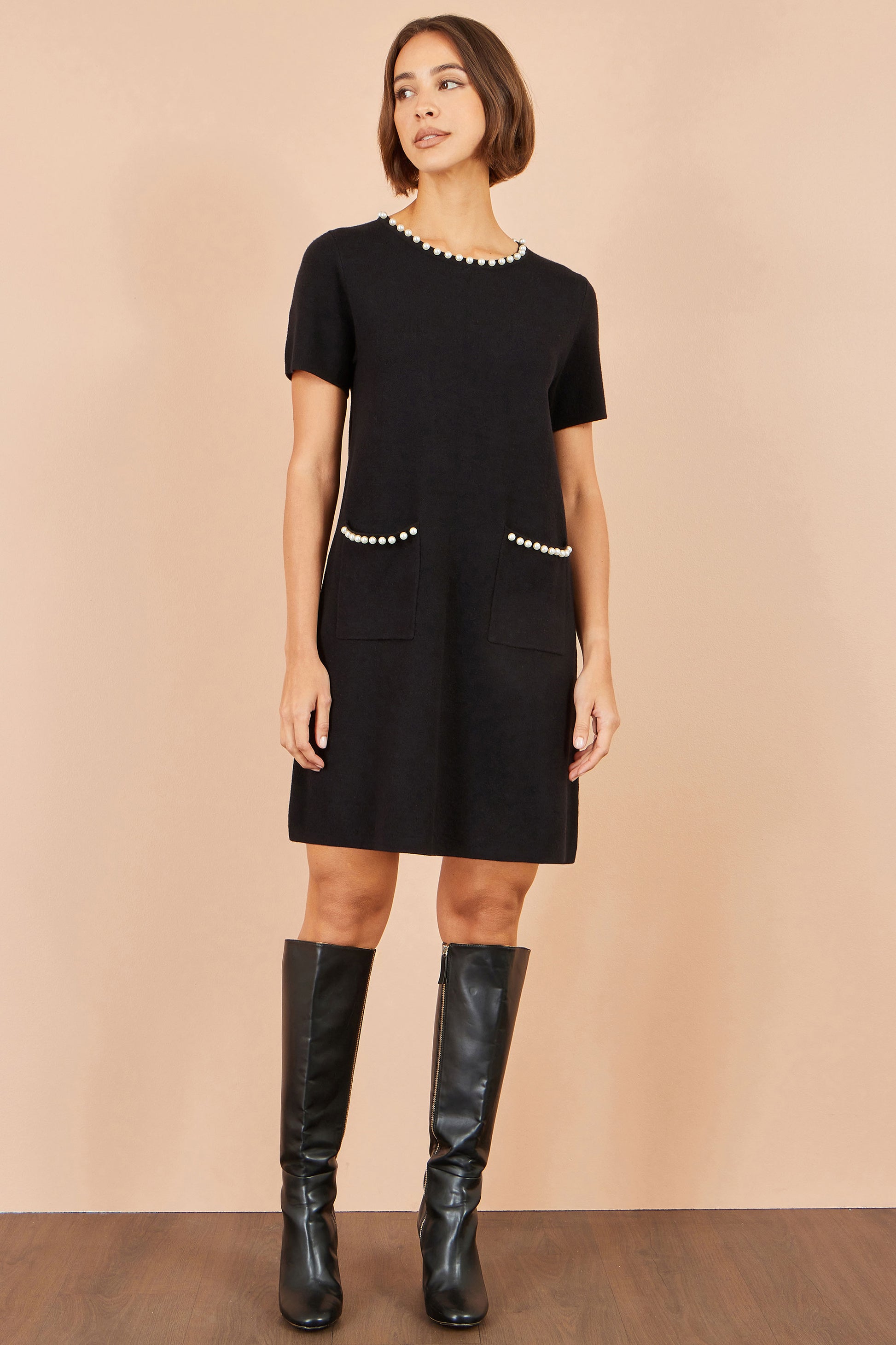 Yumi Black Pearl Detail Knitted Tunic Knit Dress Yumi