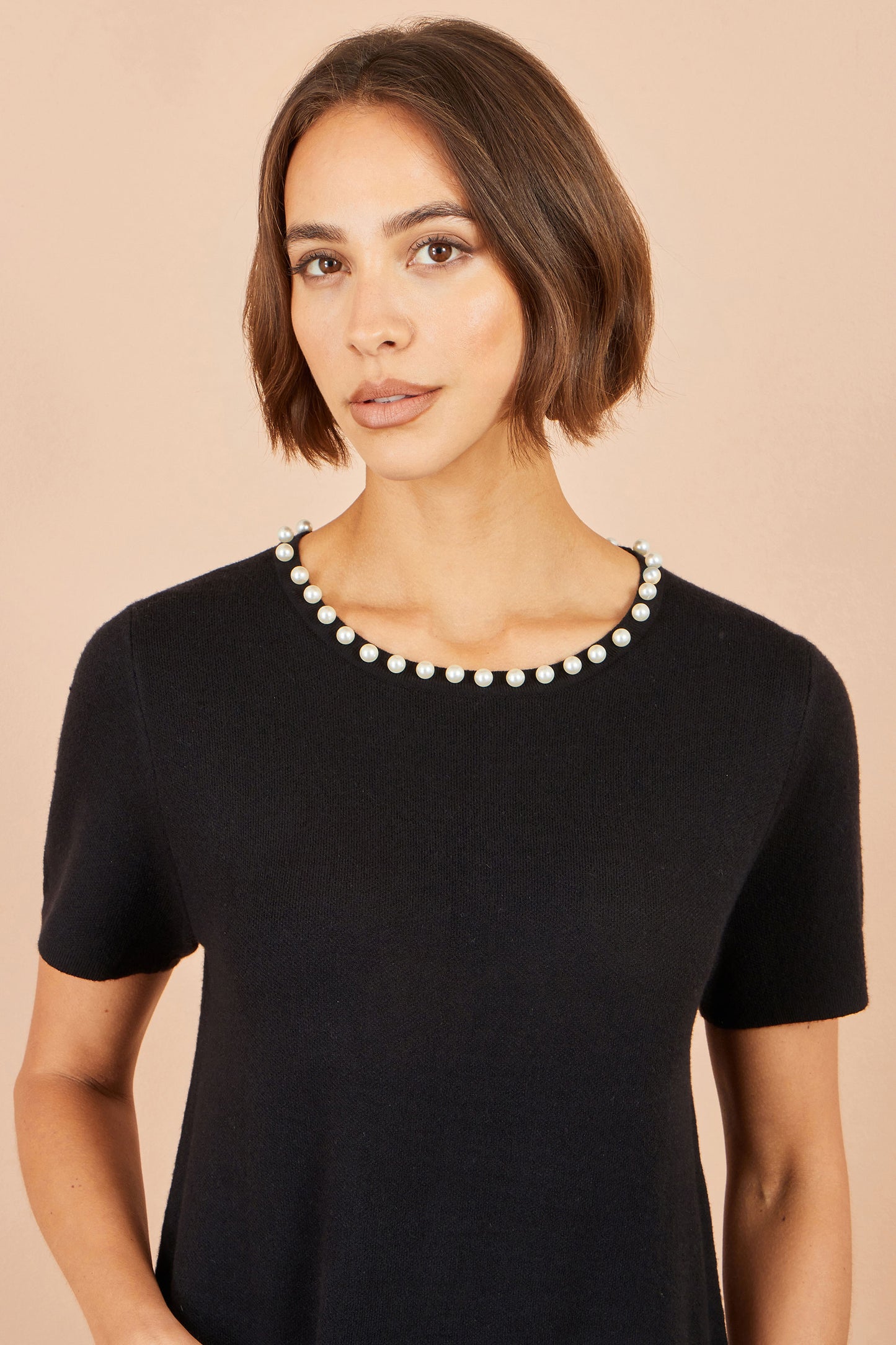 Yumi Black Pearl Detail Knitted Tunic Knit Dress Yumi
