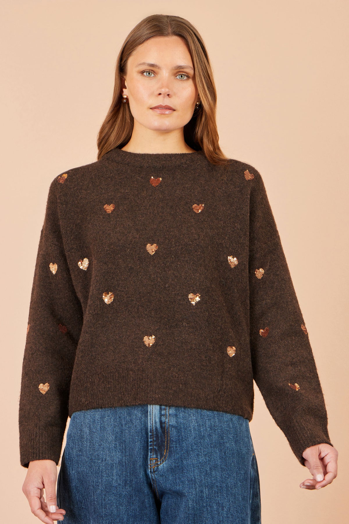 Yumi Brown Sequin Heart Relaxed Jumper Knit Jumper Yumi