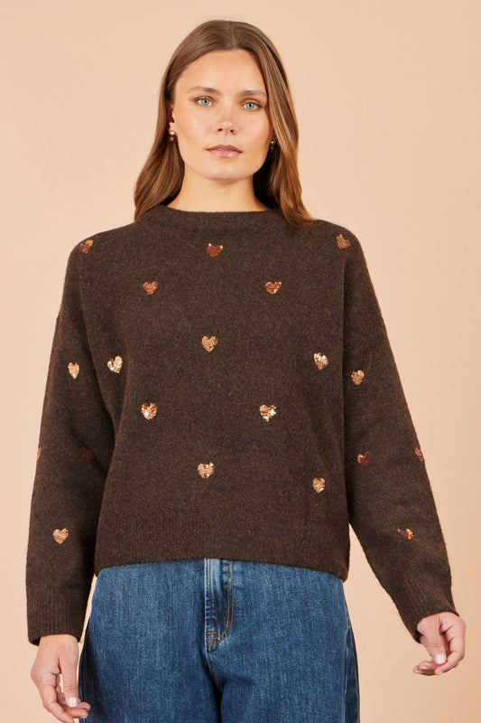 Yumi Brown Sequin Heart Relaxed Jumper Knit Jumper Yumi