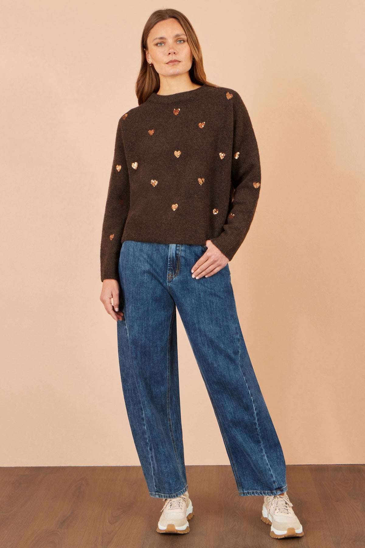 Yumi Brown Sequin Heart Relaxed Jumper Knit Jumper Yumi