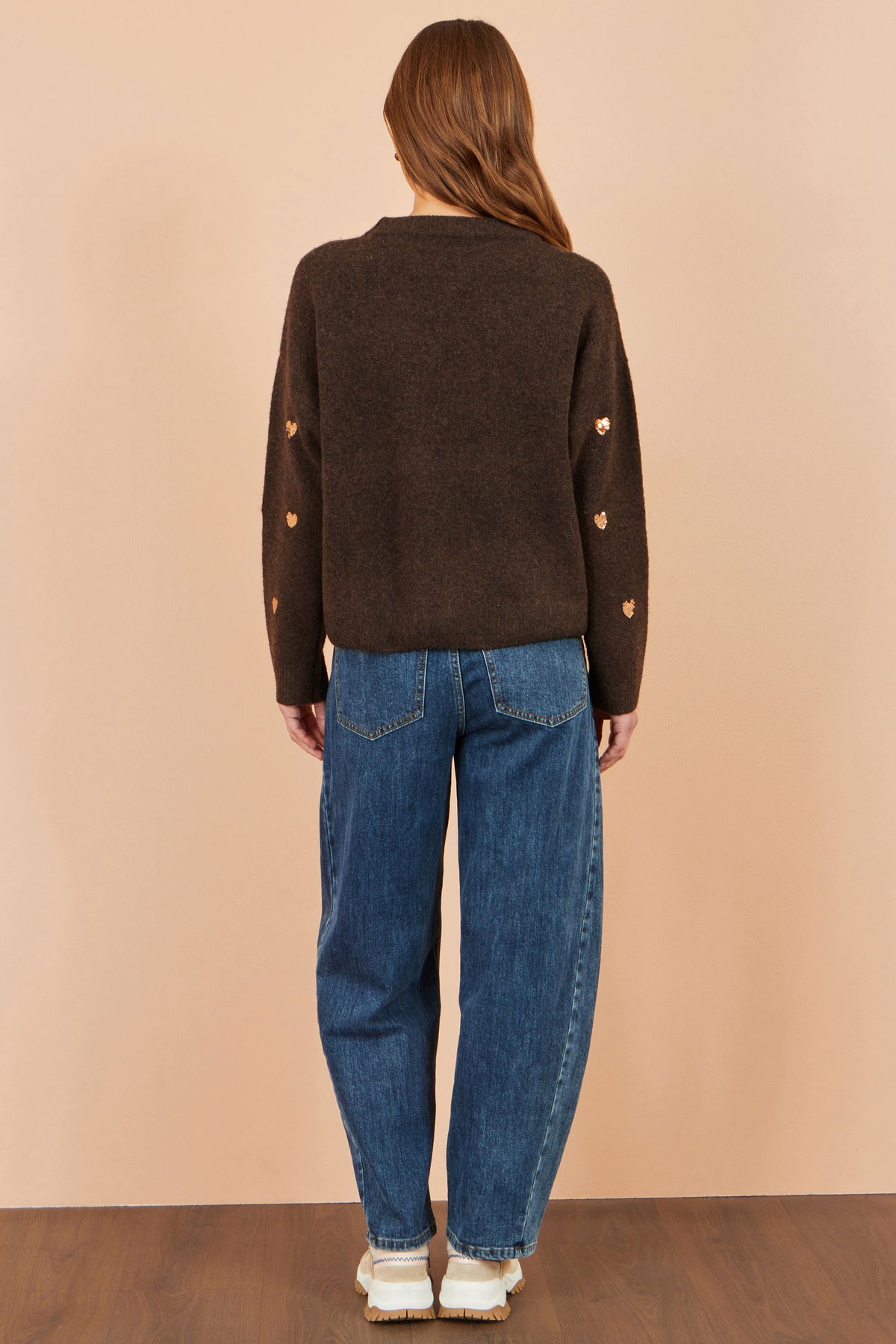Yumi Brown Sequin Heart Relaxed Jumper Knit Jumper Yumi