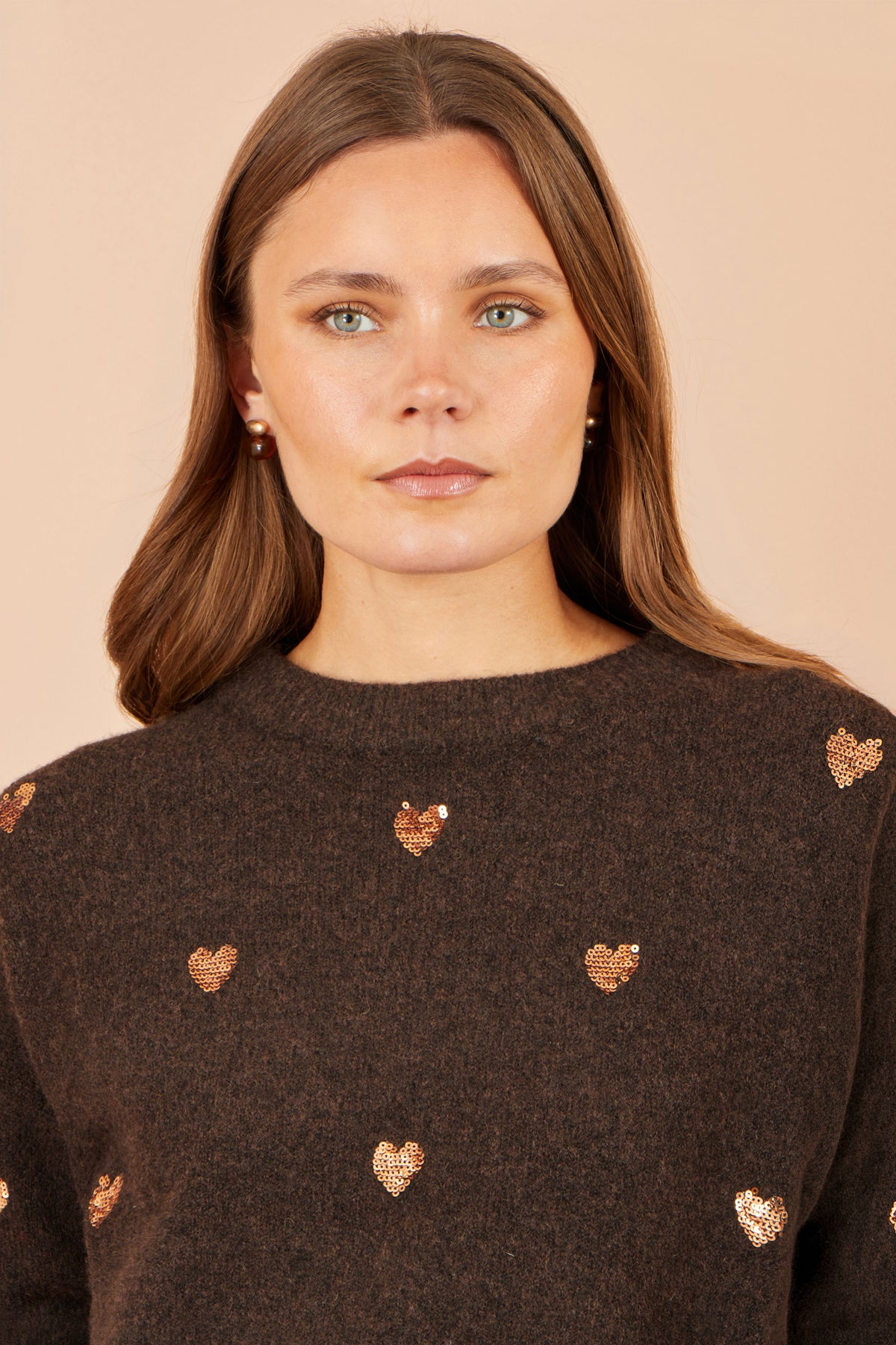 Yumi Brown Sequin Heart Relaxed Jumper Knit Jumper Yumi