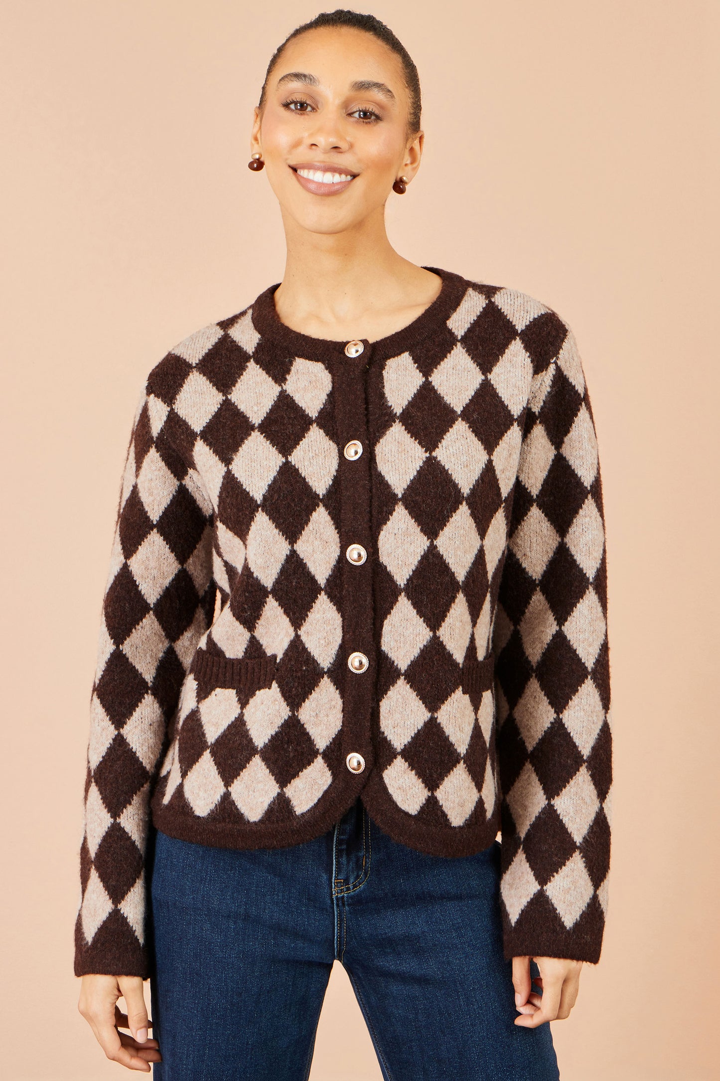 Yumi Brown Argyll Knit Cardigan Knit Cardigan Yumi