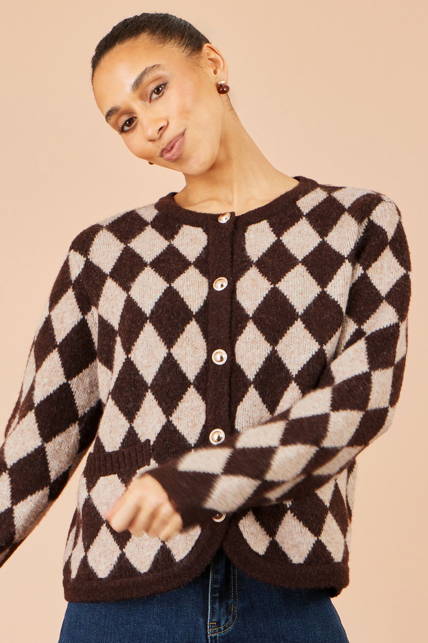 Yumi Brown Argyll Knit Cardigan Knit Cardigan Yumi