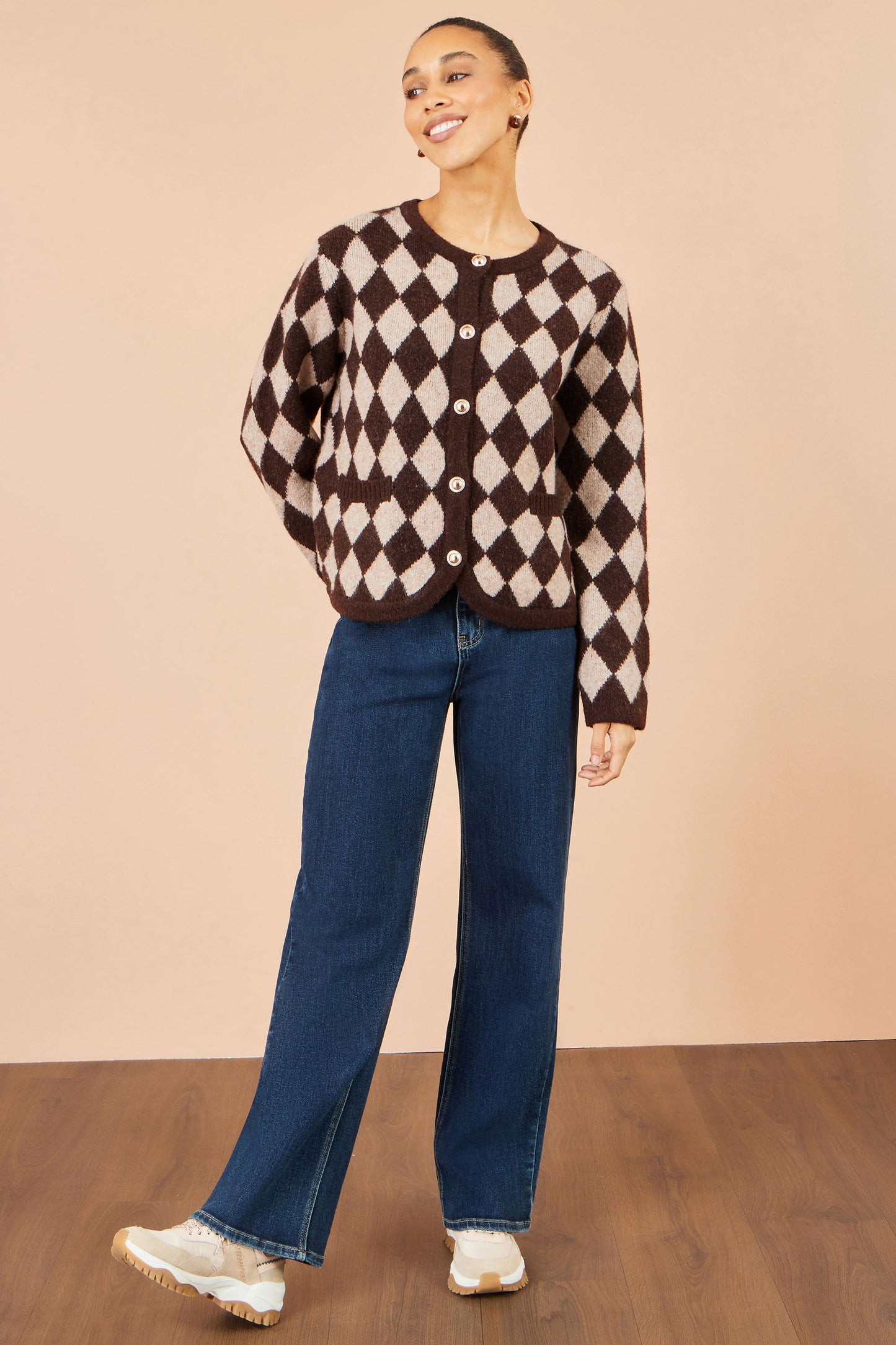 Yumi Brown Argyll Knit Cardigan Knit Cardigan Yumi