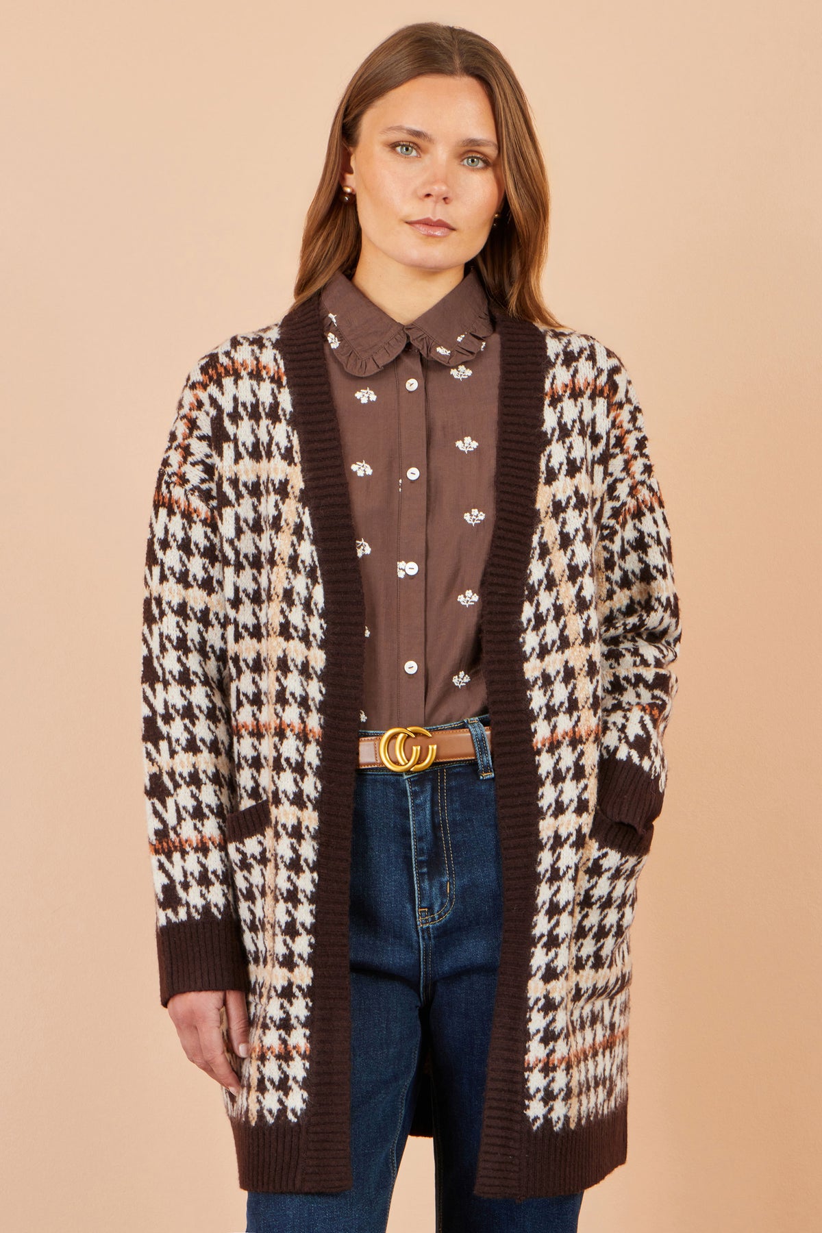Yumi Brown Knitted Check Long Cardigan Knit Cardigan Yumi