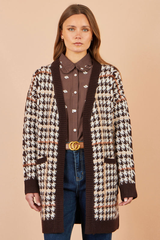 Yumi Brown Knitted Check Long Cardigan Knit Cardigan Yumi