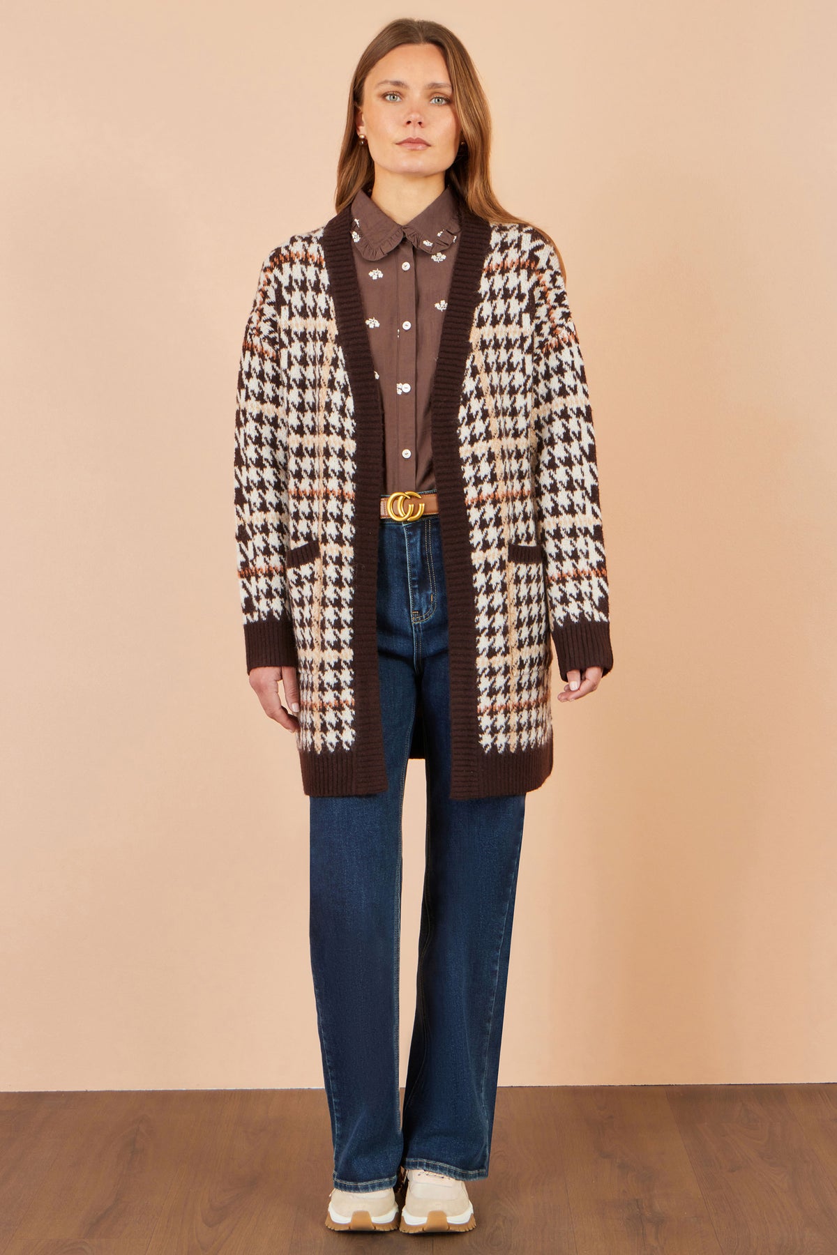 Yumi Brown Knitted Check Long Cardigan Knit Cardigan Yumi