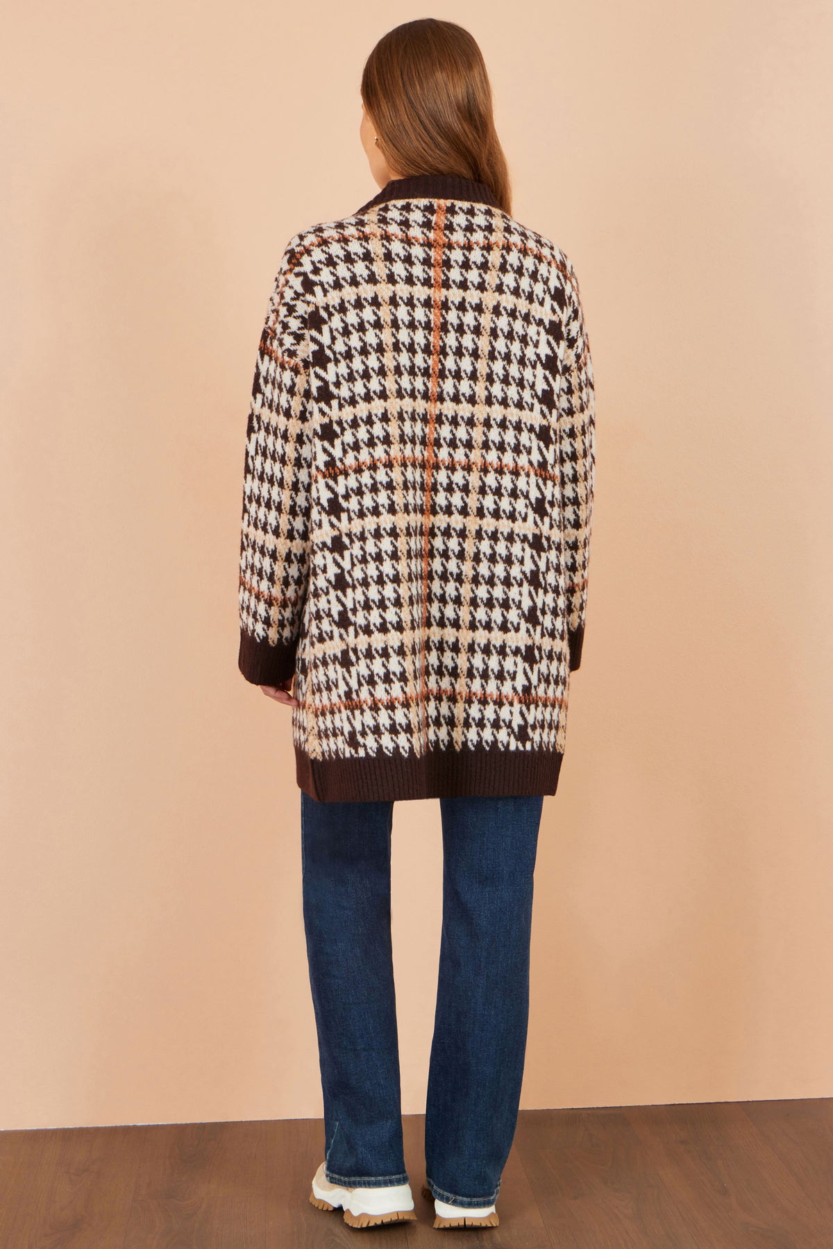 Yumi Brown Knitted Check Long Cardigan Knit Cardigan Yumi