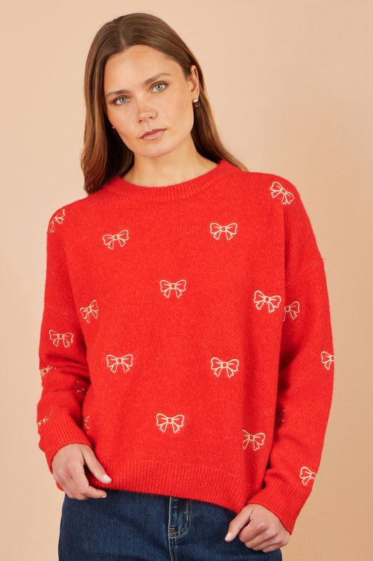 Yumi Red Embroidered Bow Relaxed Jumper Knit Xmas Jumper Yumi