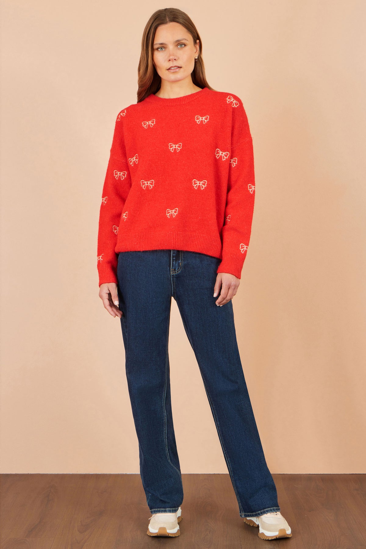 Yumi Red Embroidered Bow Relaxed Jumper Knit Xmas Jumper Yumi