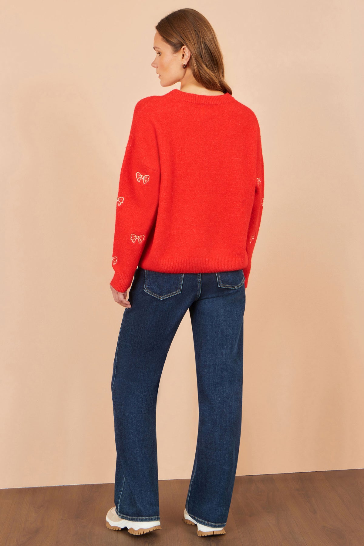 Yumi Red Embroidered Bow Relaxed Jumper Knit Xmas Jumper Yumi