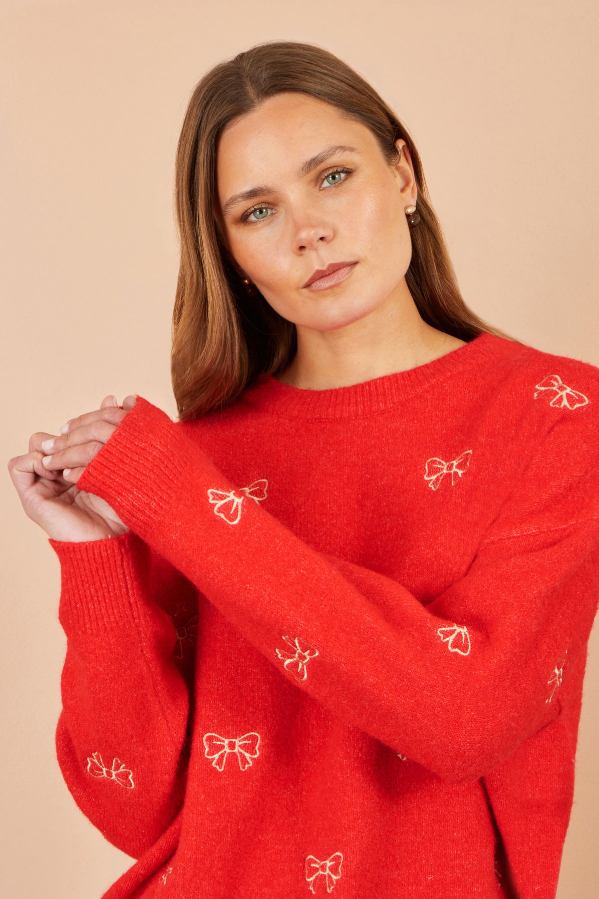Yumi Red Embroidered Bow Relaxed Jumper Knit Xmas Jumper Yumi