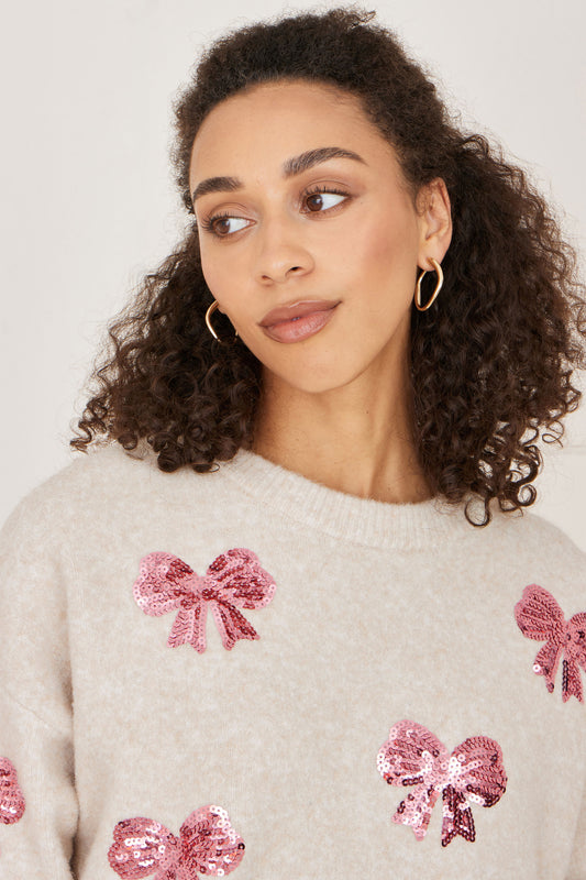 Yumi Ivory Relaxed Jumper With Sequin Bows Knit Xmas Jumper Yumi