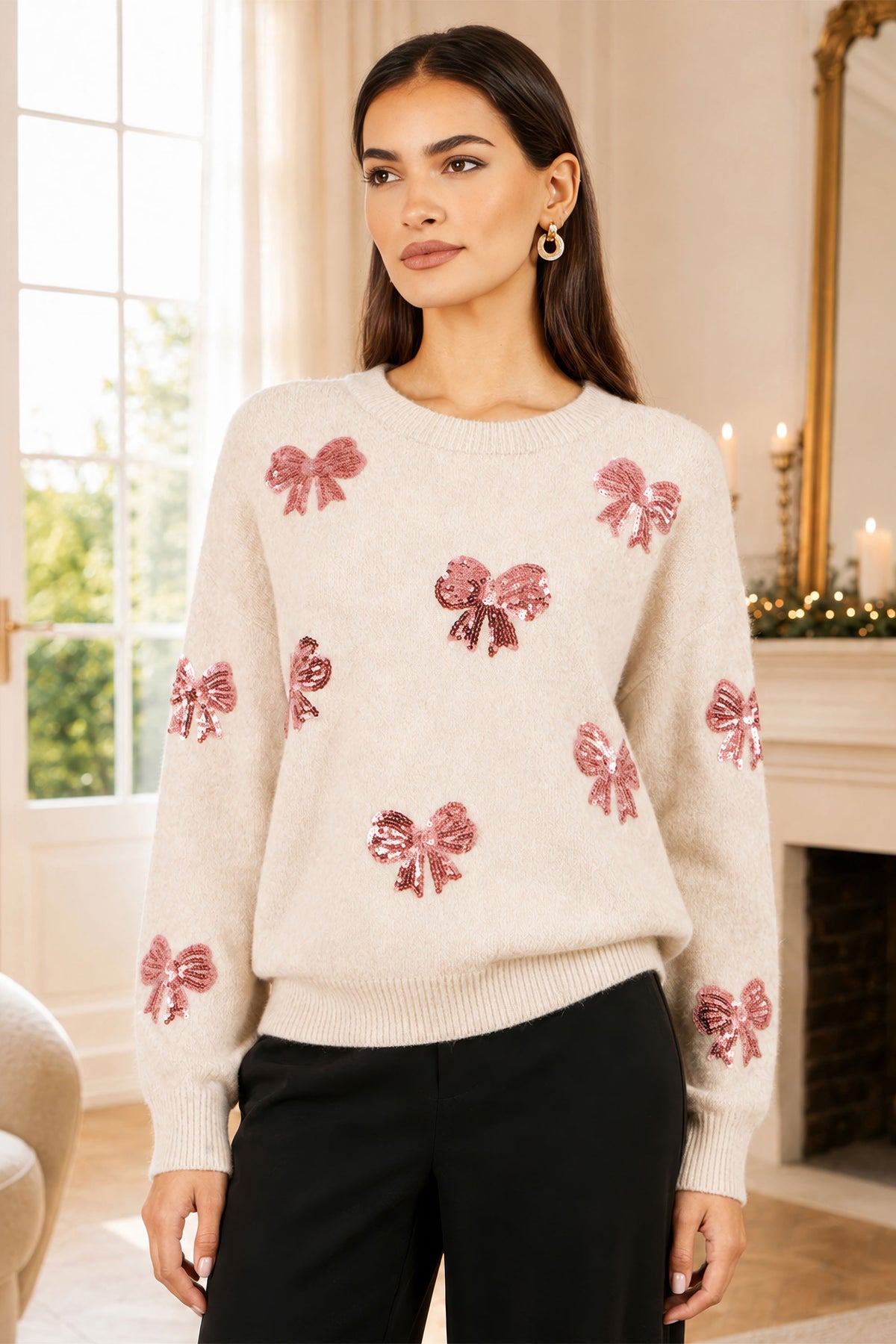 Yumi Ivory Relaxed Jumper With Sequin Bows Knit Xmas Jumper Yumi