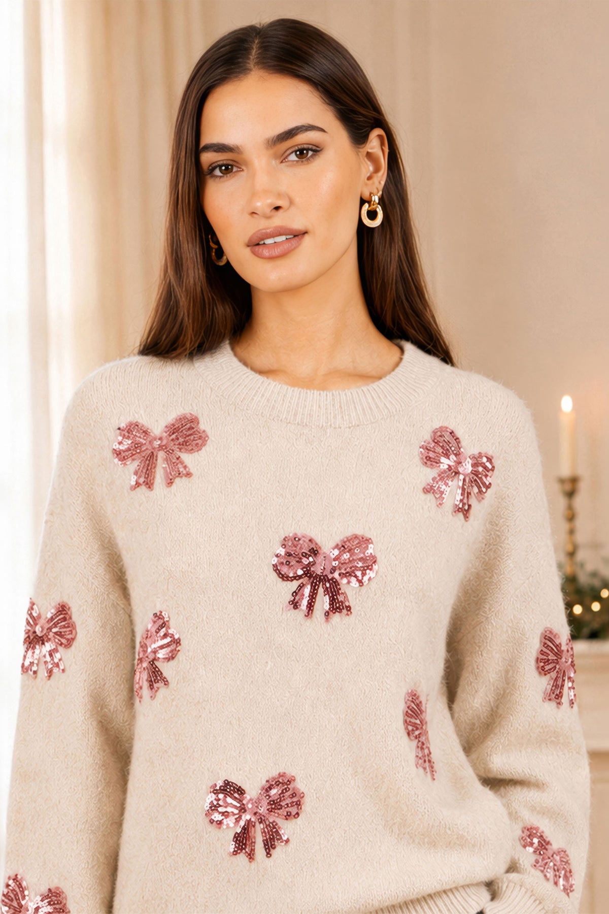 Yumi Ivory Relaxed Jumper With Sequin Bows Knit Xmas Jumper Yumi