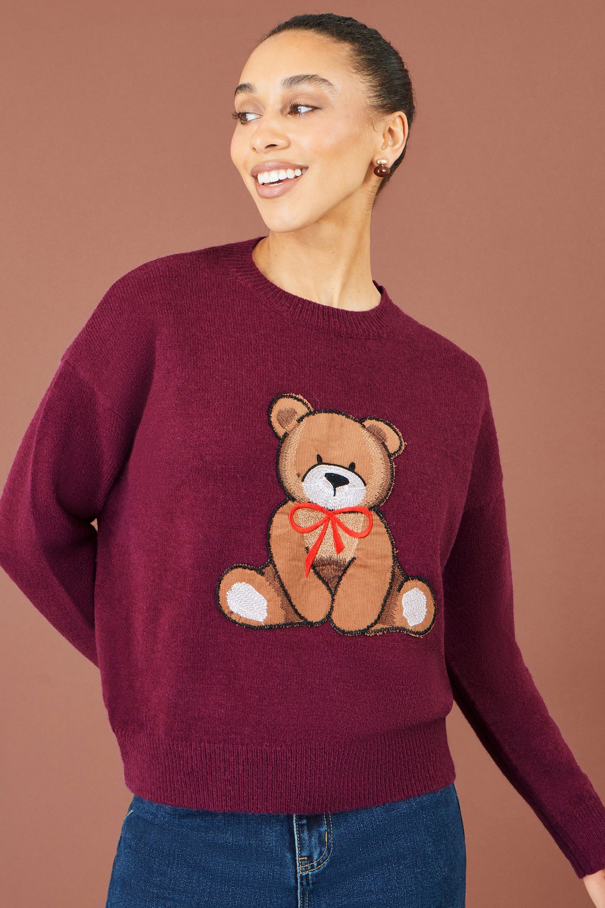 Yumi Burgundy Teddy Bear Relaxed Jumper Knit Jumper Yumi
