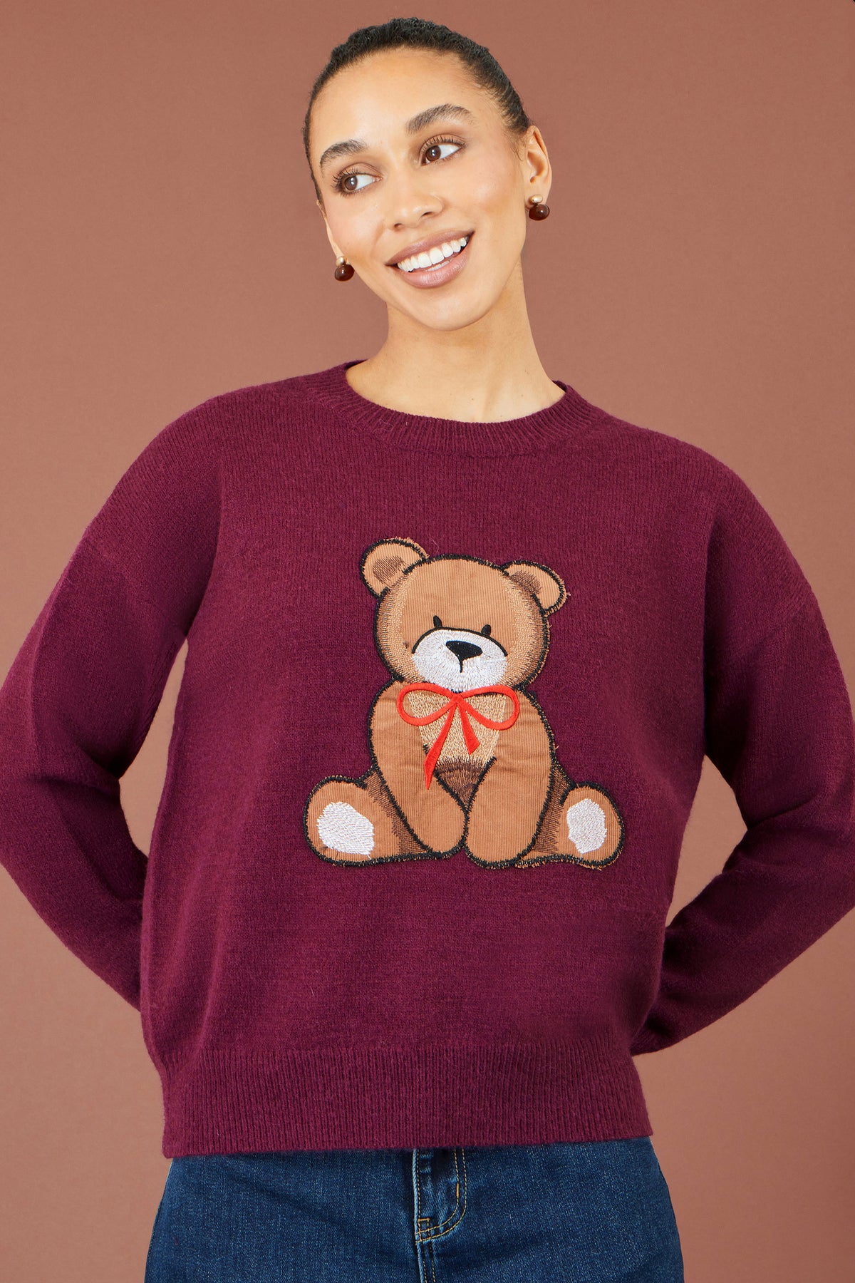 Yumi Burgundy Teddy Bear Relaxed Jumper Knit Jumper Yumi