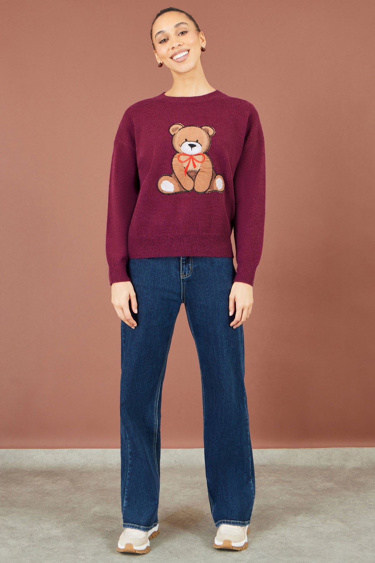 Yumi Burgundy Teddy Bear Relaxed Jumper Knit Jumper Yumi