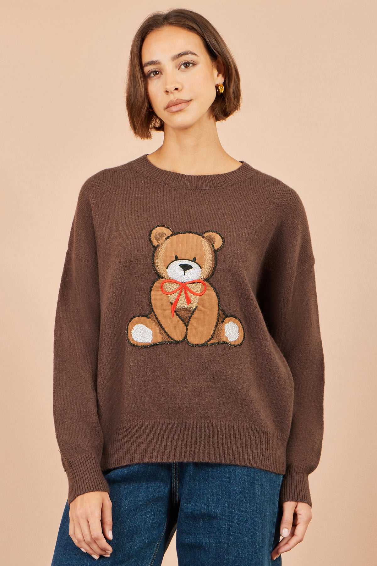 Yumi Brown Teddy Bear Relaxed Jumper Knit Jumper Yumi