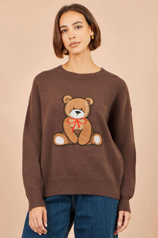 Yumi Brown Teddy Bear Relaxed Jumper Knit Jumper Yumi