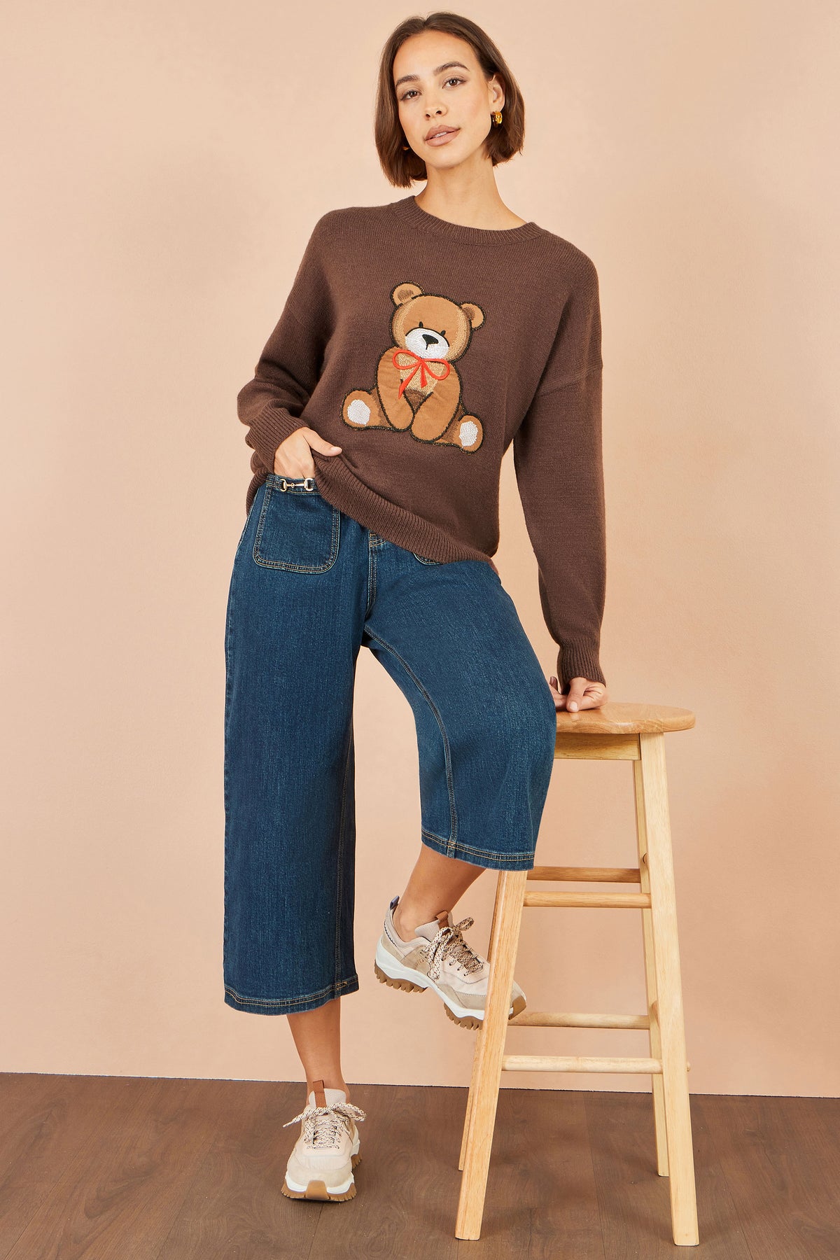 Yumi Brown Teddy Bear Relaxed Jumper Knit Jumper Yumi