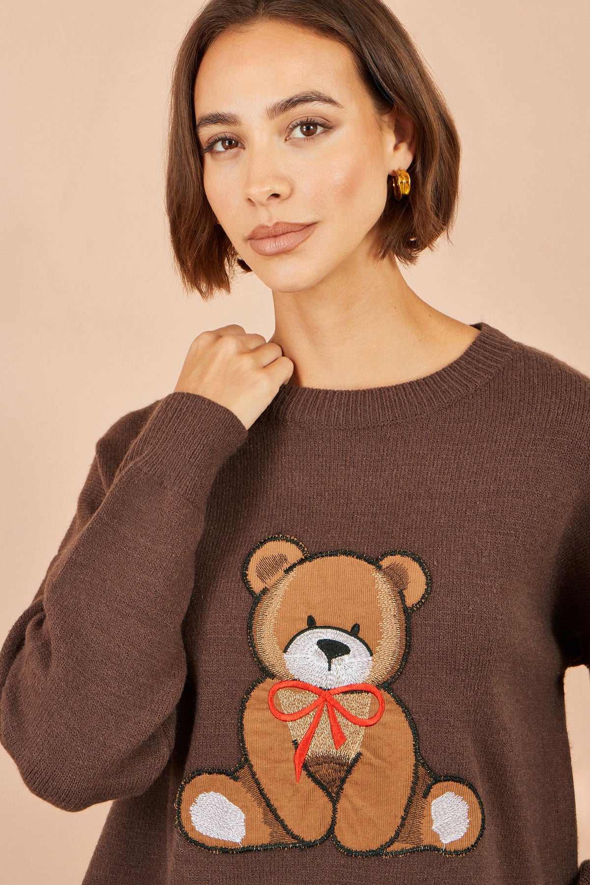 Yumi Brown Teddy Bear Relaxed Jumper Knit Jumper Yumi